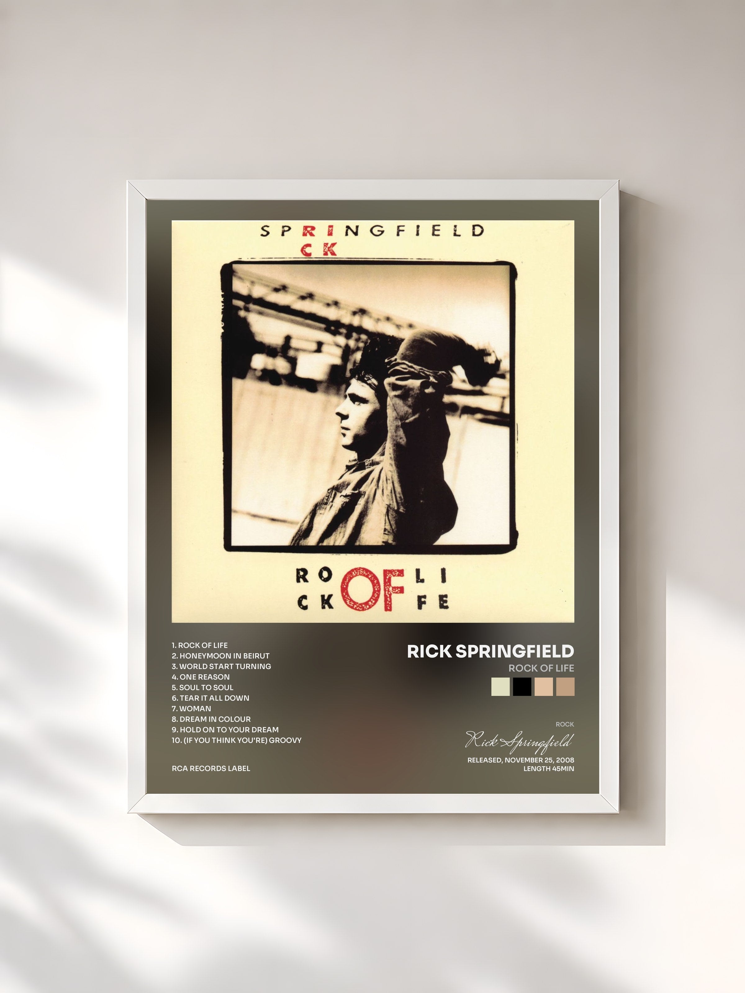 #blanc Tableau de l'album Rock of Life de Rick Springfield, cadre blanc, imprimé et encadré en France