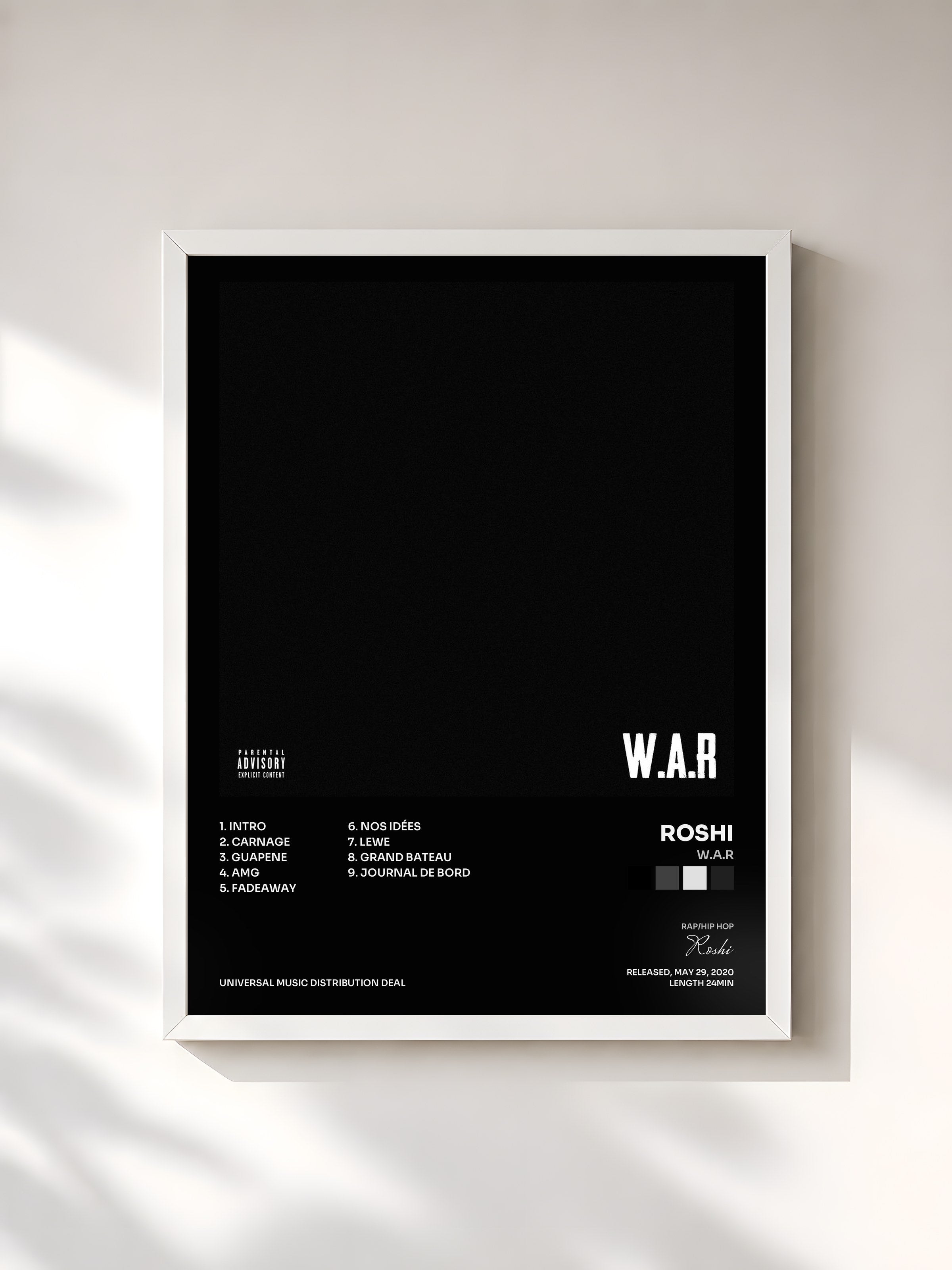 #blanc Tableau de l'album W.A.R de Roshi, cadre blanc, imprimé et encadré en France