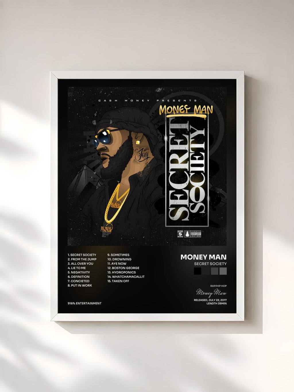 #blanc Tableau de l'album Secret Society de Money Man, cadre blanc, imprimé et encadré en France