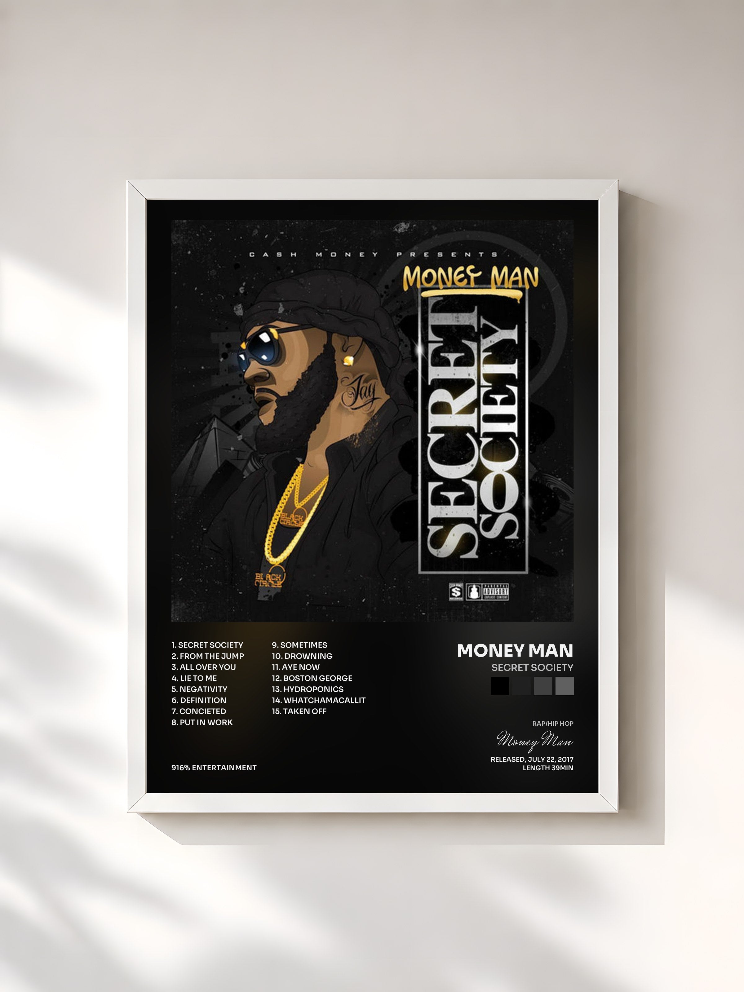 #blanc Tableau de l'album Secret Society de Money Man, cadre blanc, imprimé et encadré en France