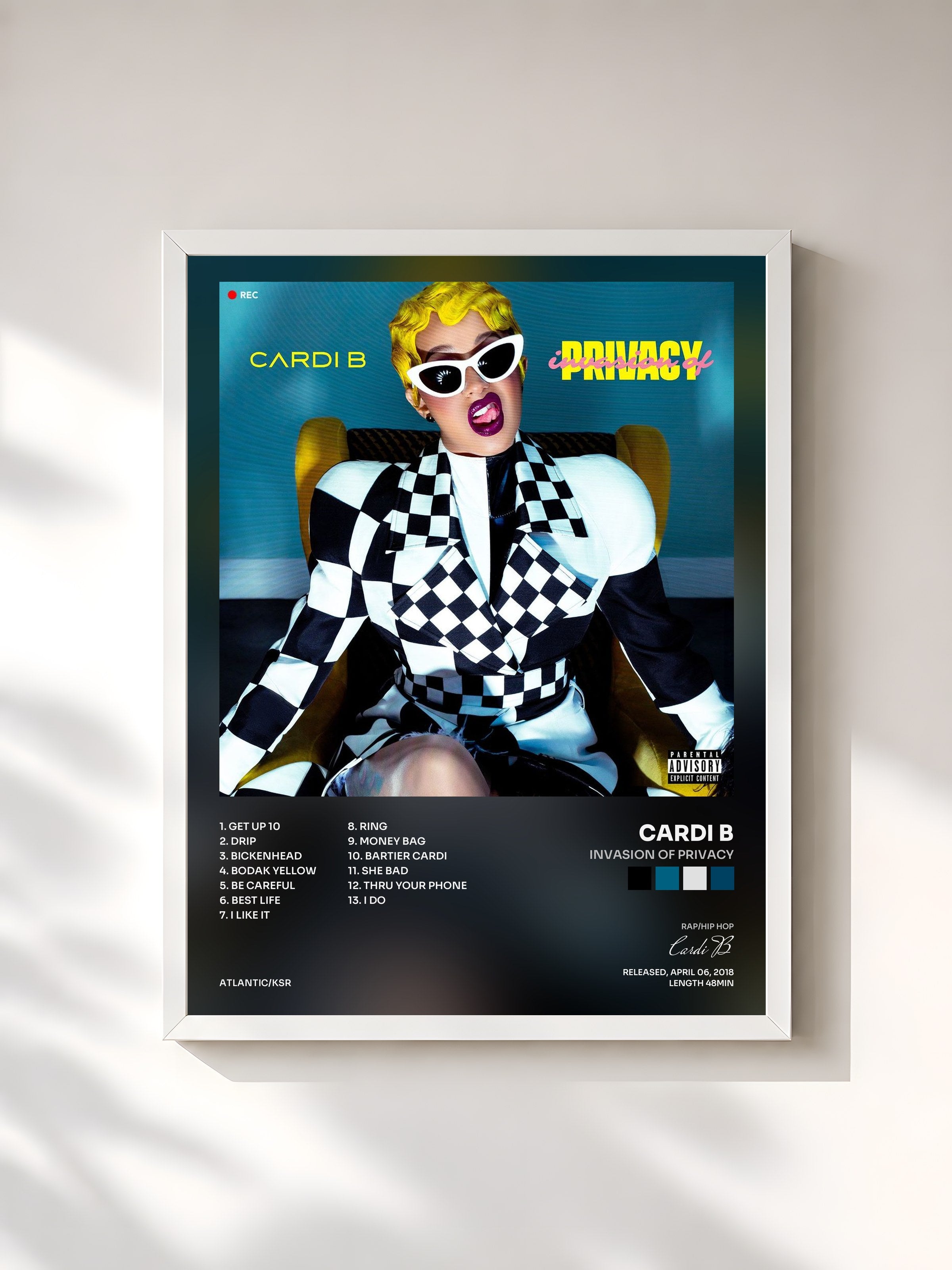 #blanc Tableau de l'album Invasion of Privacy de Cardi B, cadre blanc, imprimé et encadré en France