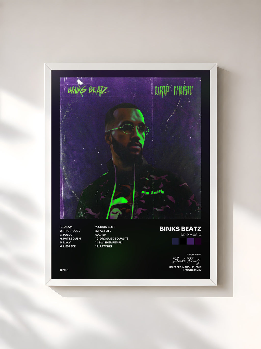 #blanc Tableau de l'album Drip Music de Binks Beatz, cadre blanc, imprimé et encadré en France