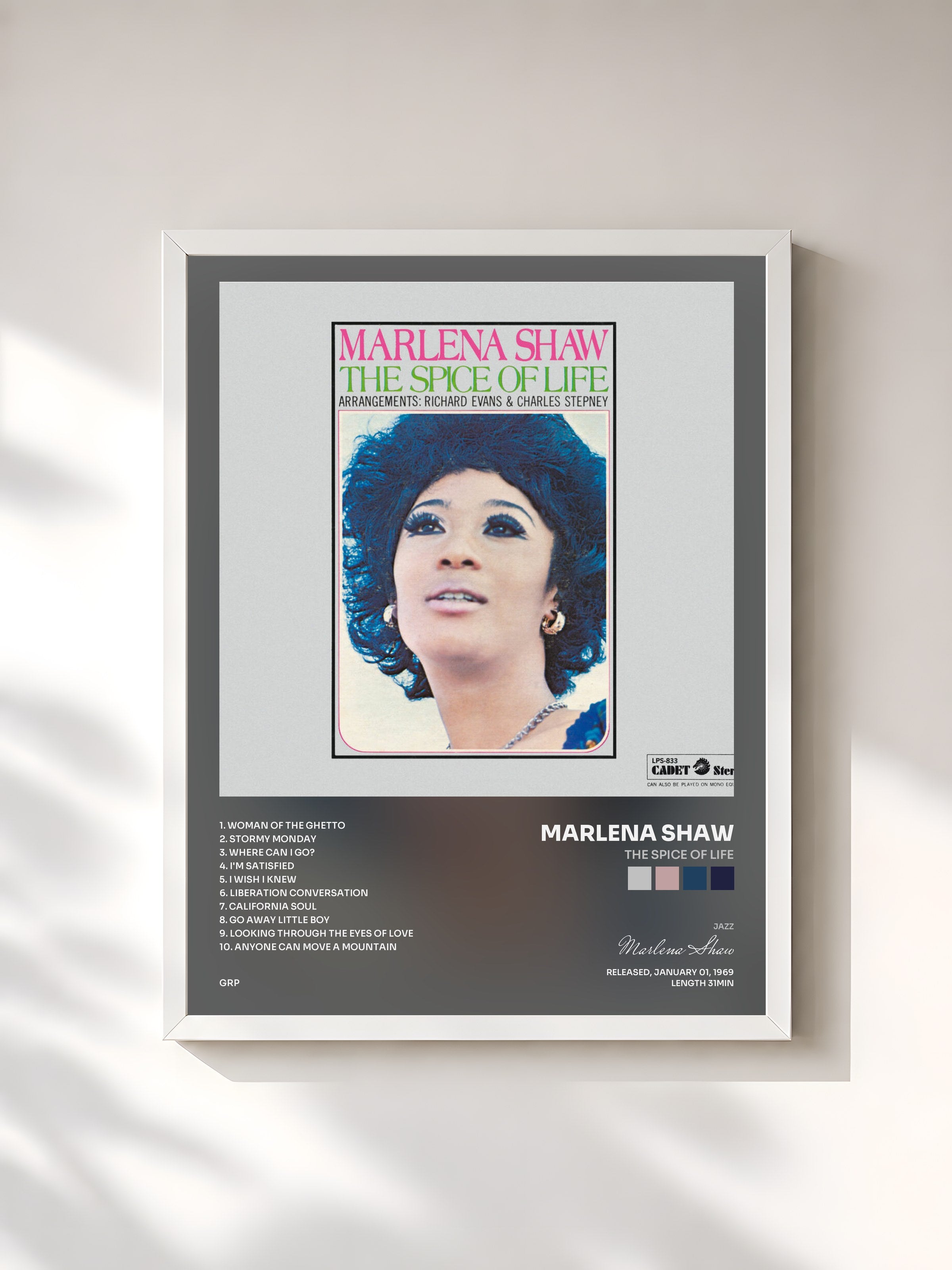 #blanc Tableau de l'album The Spice Of Life de Marlena Shaw, cadre blanc, imprimé et encadré en France