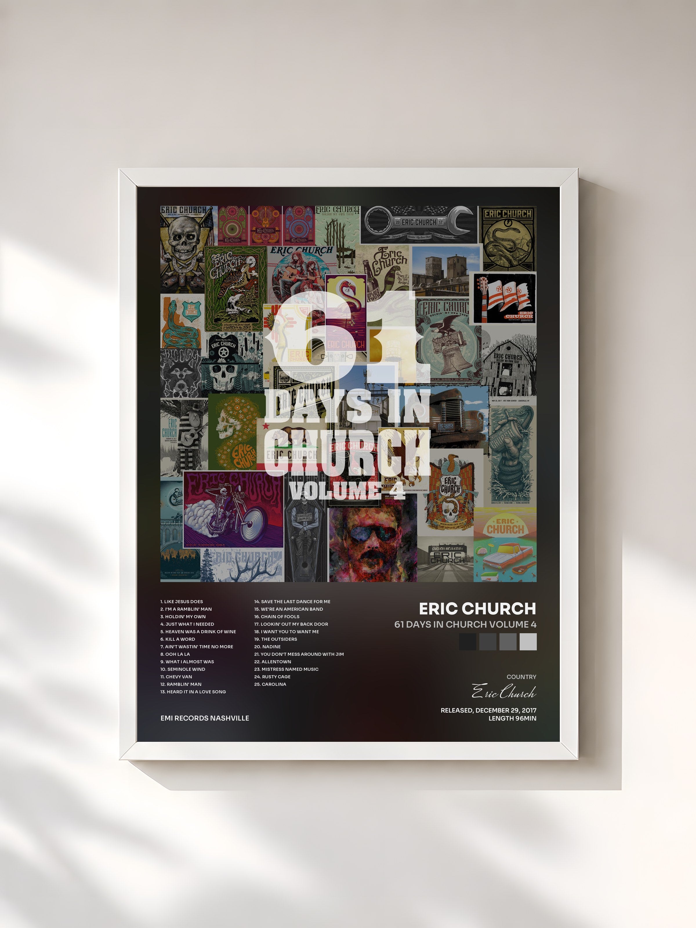#blanc Tableau de l'album 61 Days In Church Volume 4 de Eric Church, cadre blanc, imprimé et encadré en France