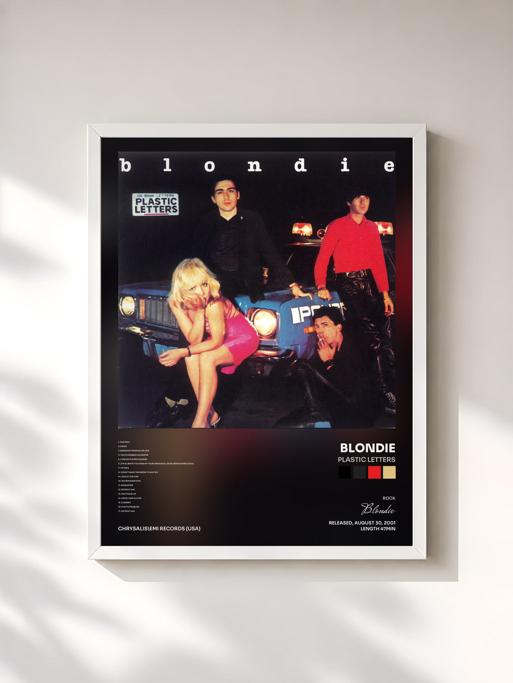 #blanc Tableau de l'album Plastic Letters de Blondie, cadre blanc, imprimé et encadré en France