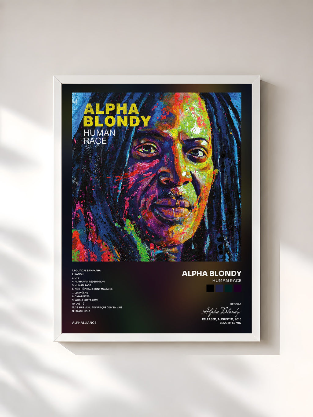 #blanc Tableau de l'album Human Race de Alpha Blondy, cadre blanc, imprimé et encadré en France