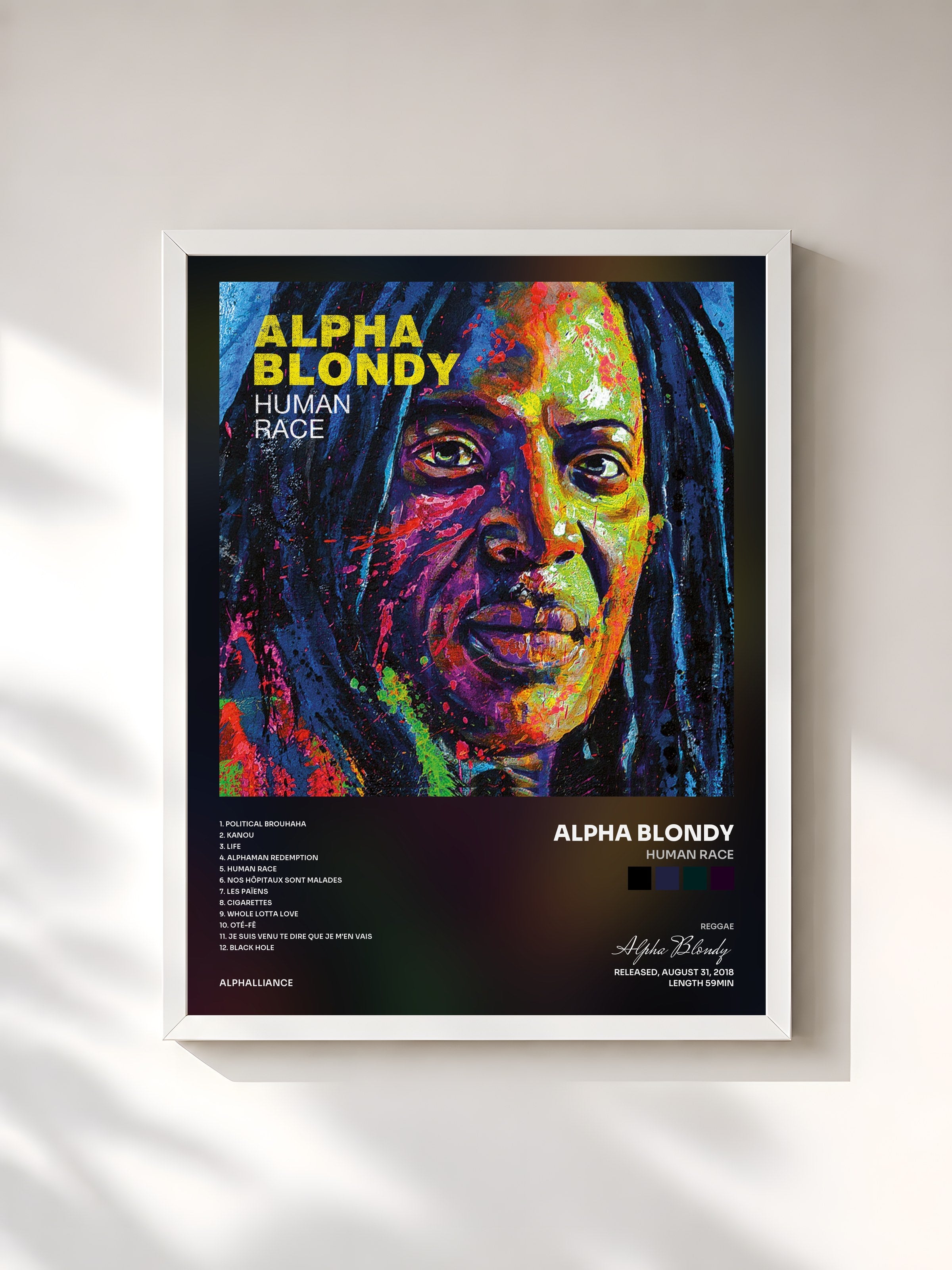 #blanc Tableau de l'album Human Race de Alpha Blondy, cadre blanc, imprimé et encadré en France