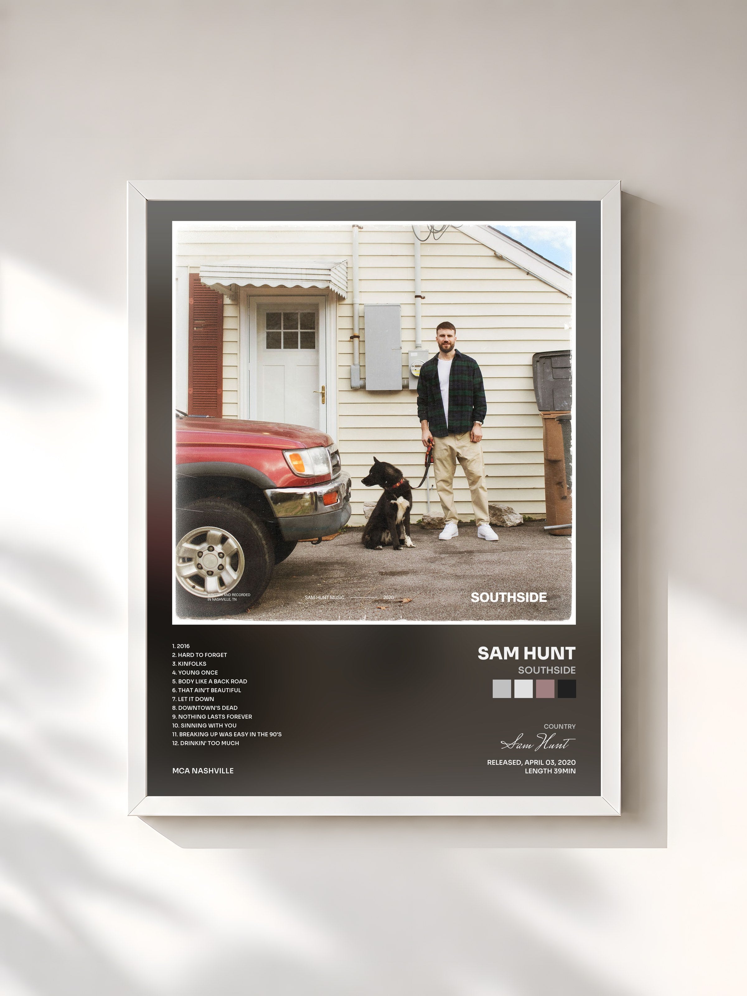#blanc Tableau de l'album SOUTHSIDE de Sam Hunt, cadre blanc, imprimé et encadré en France