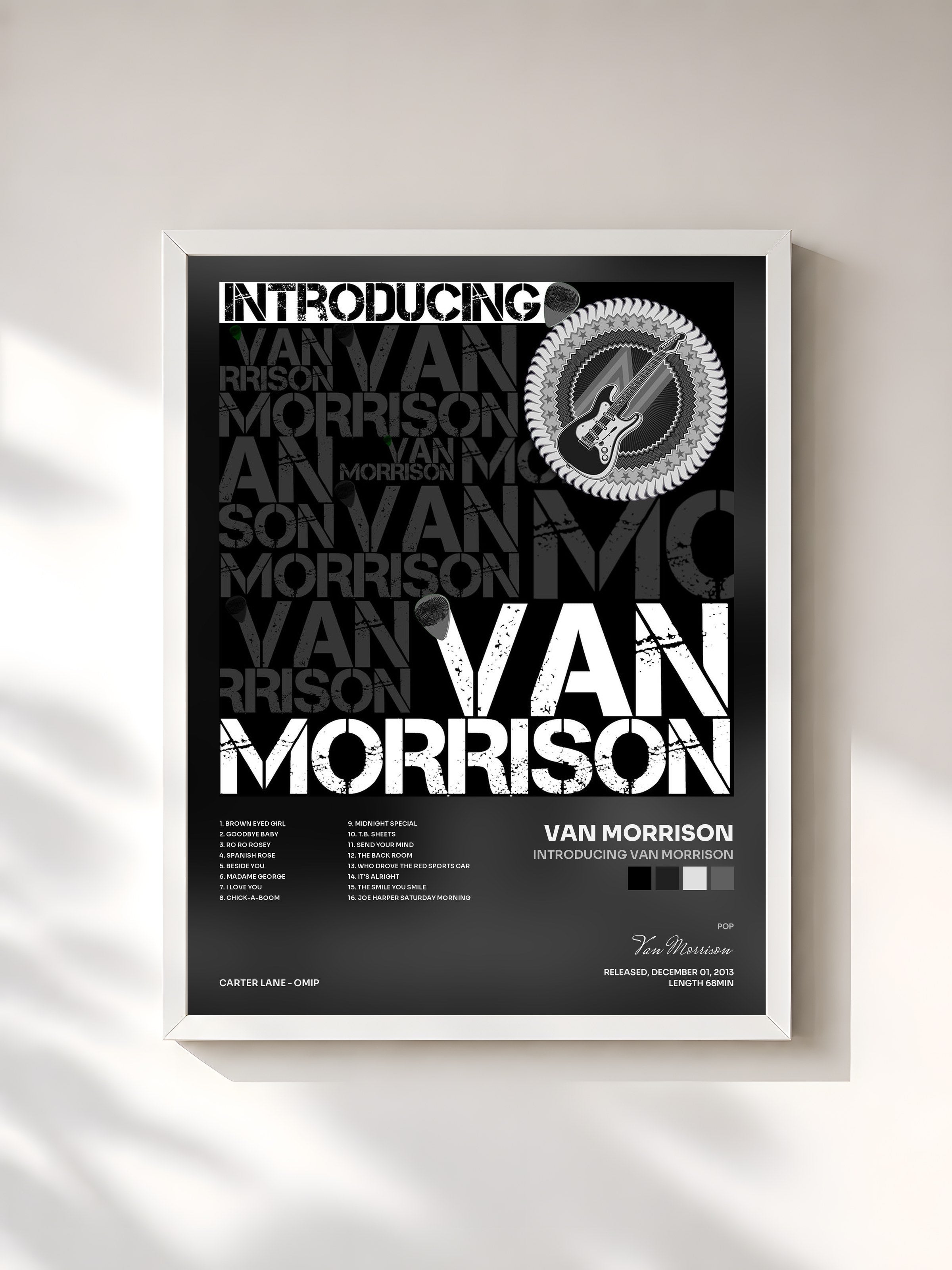 #blanc Tableau de l'album Introducing Van Morrison de Van Morrison, cadre blanc, imprimé et encadré en France