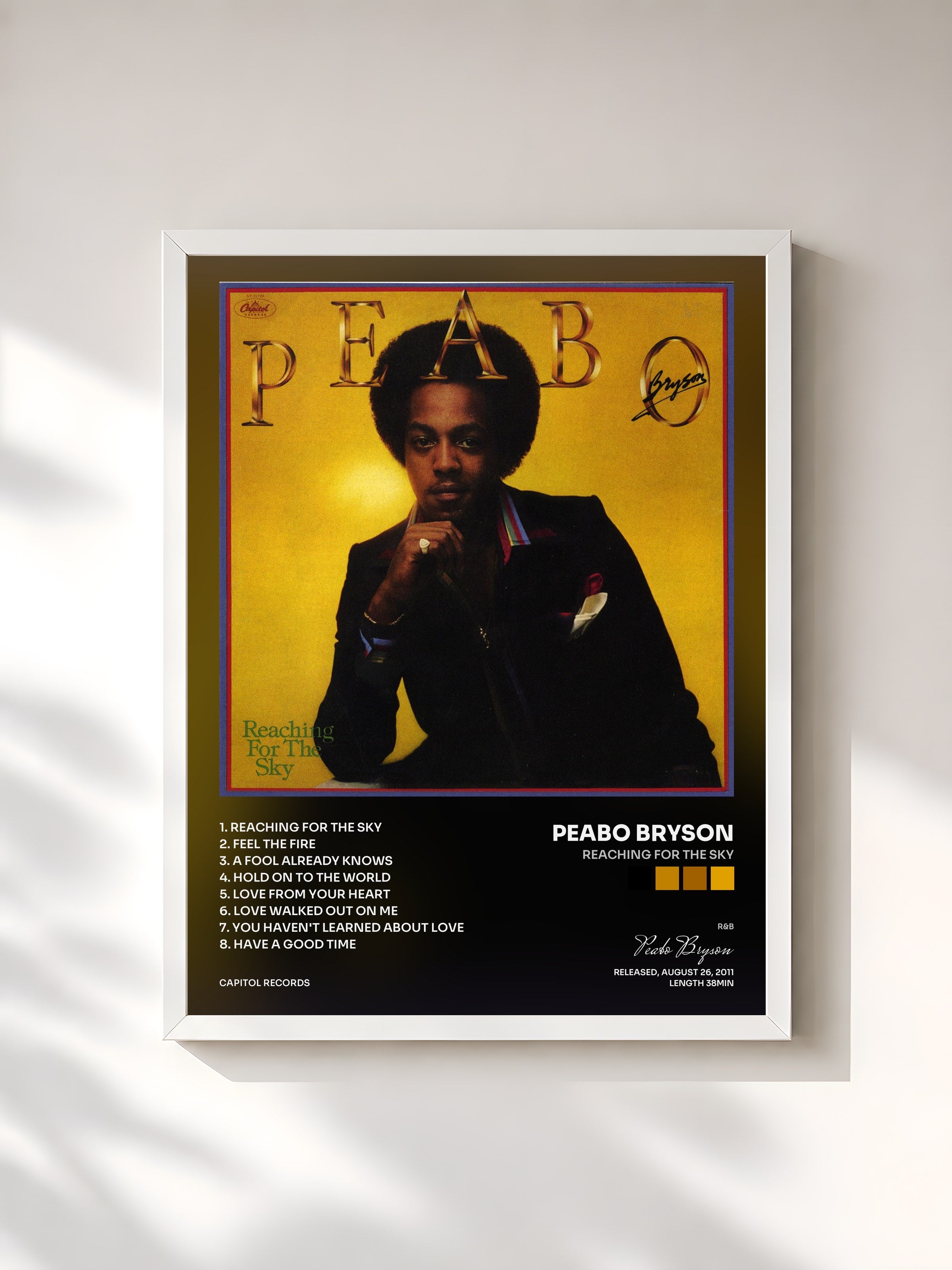 #blanc Tableau de l'album Reaching For The Sky de Peabo Bryson, cadre blanc, imprimé et encadré en France