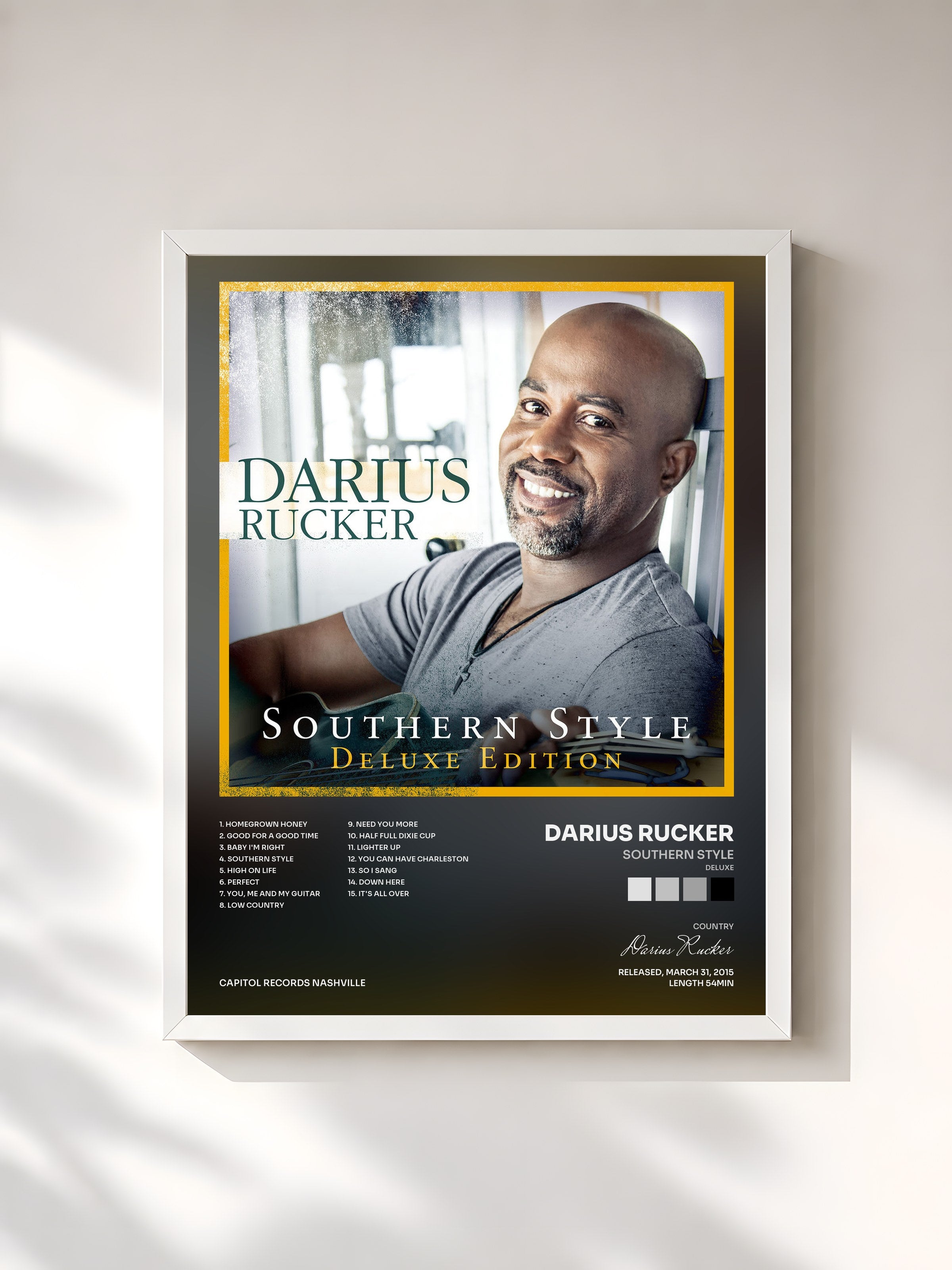 #blanc Tableau de l'album Southern Style (Deluxe) de Darius Rucker, cadre blanc, imprimé et encadré en France