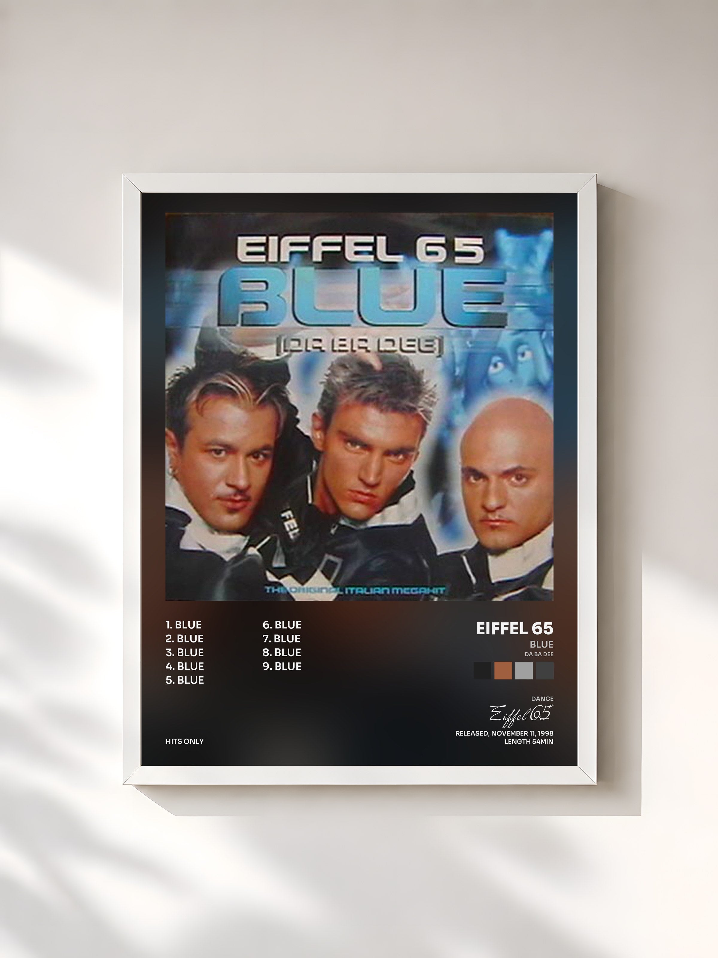 #blanc Tableau de l'album Blue (Da Ba Dee) de Eiffel 65, cadre blanc, imprimé et encadré en France