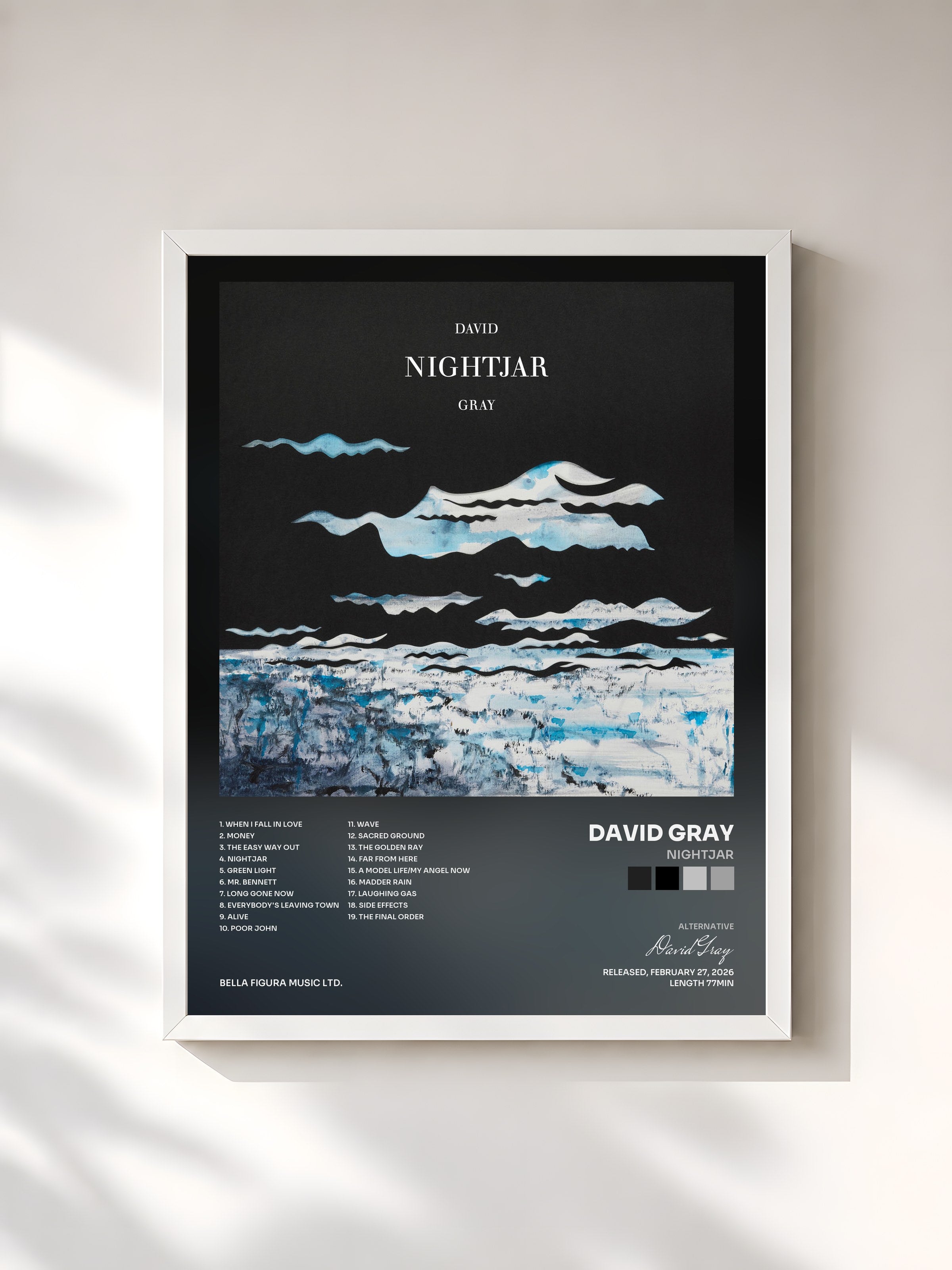 #blanc Tableau de l'album Nightjar de David Gray, cadre blanc, imprimé et encadré en France
