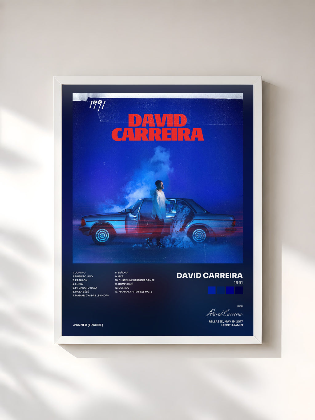 #blanc Tableau de l'album 1991 de David Carreira, cadre blanc, imprimé et encadré en France