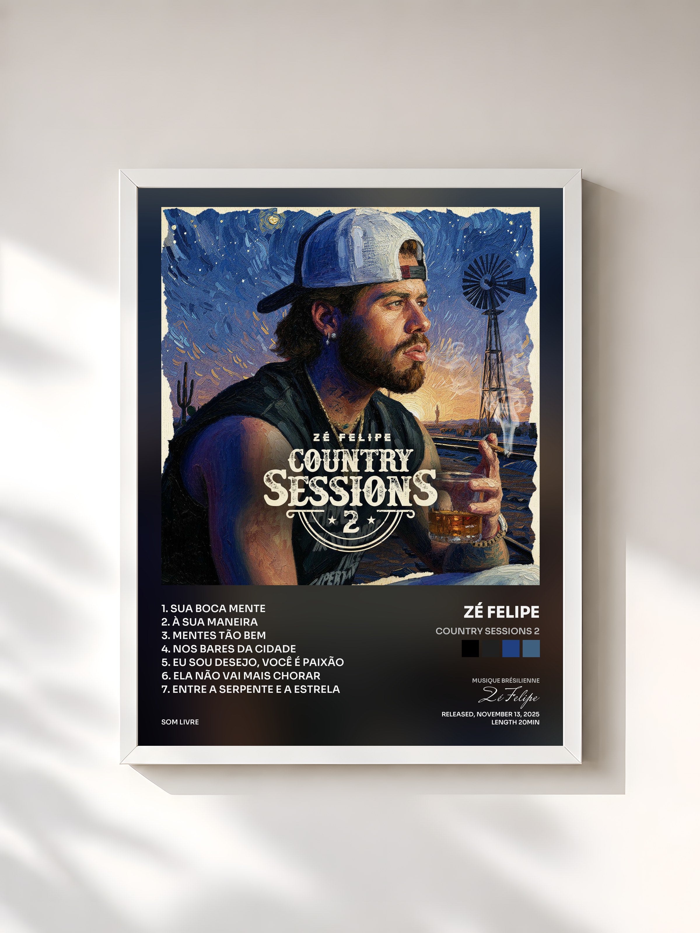 #blanc Tableau de l'album Country Sessions 2 de Zé Felipe, cadre blanc, imprimé et encadré en France