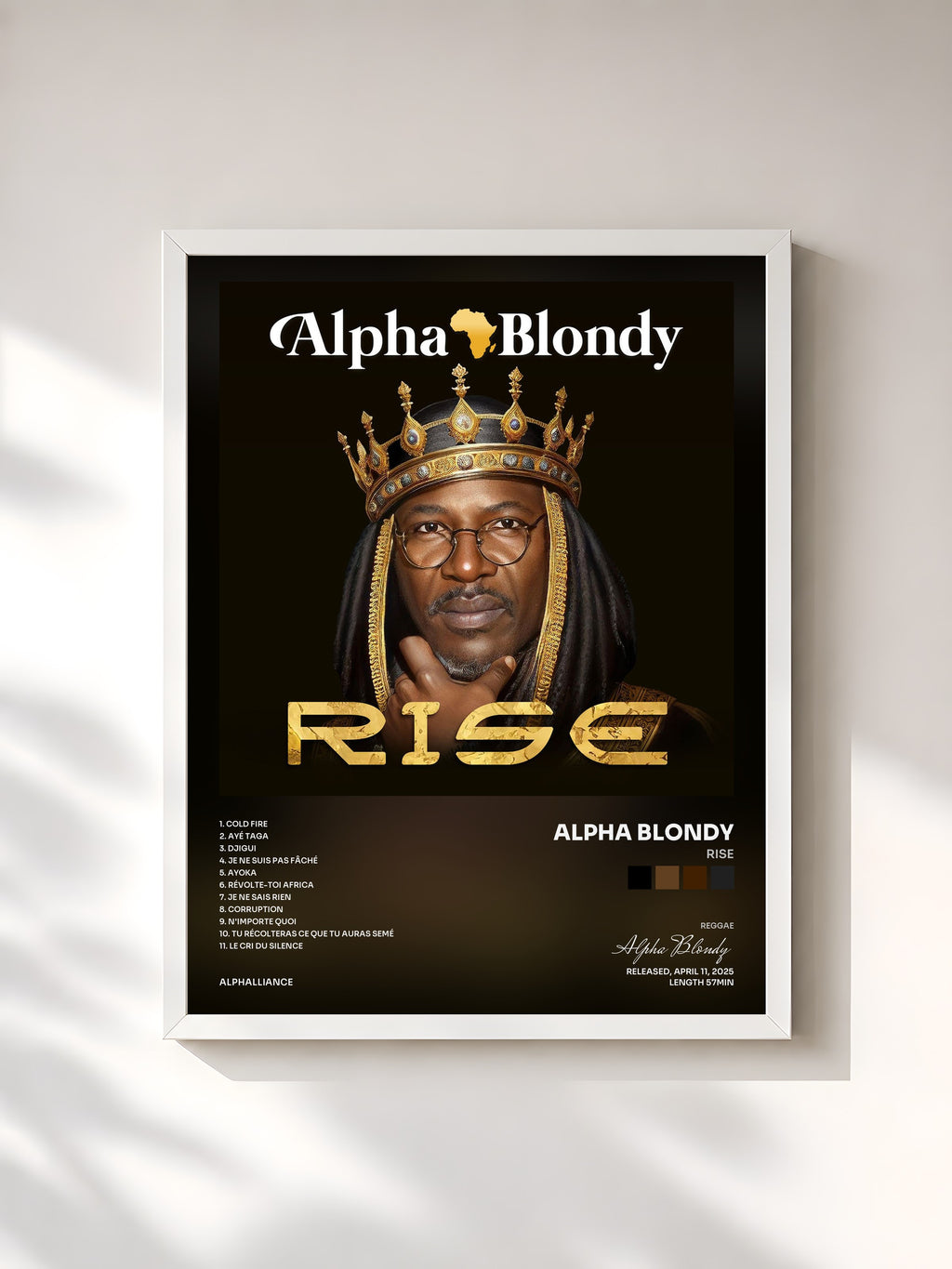 #blanc Tableau de l'album Rise de Alpha Blondy, cadre blanc, imprimé et encadré en France