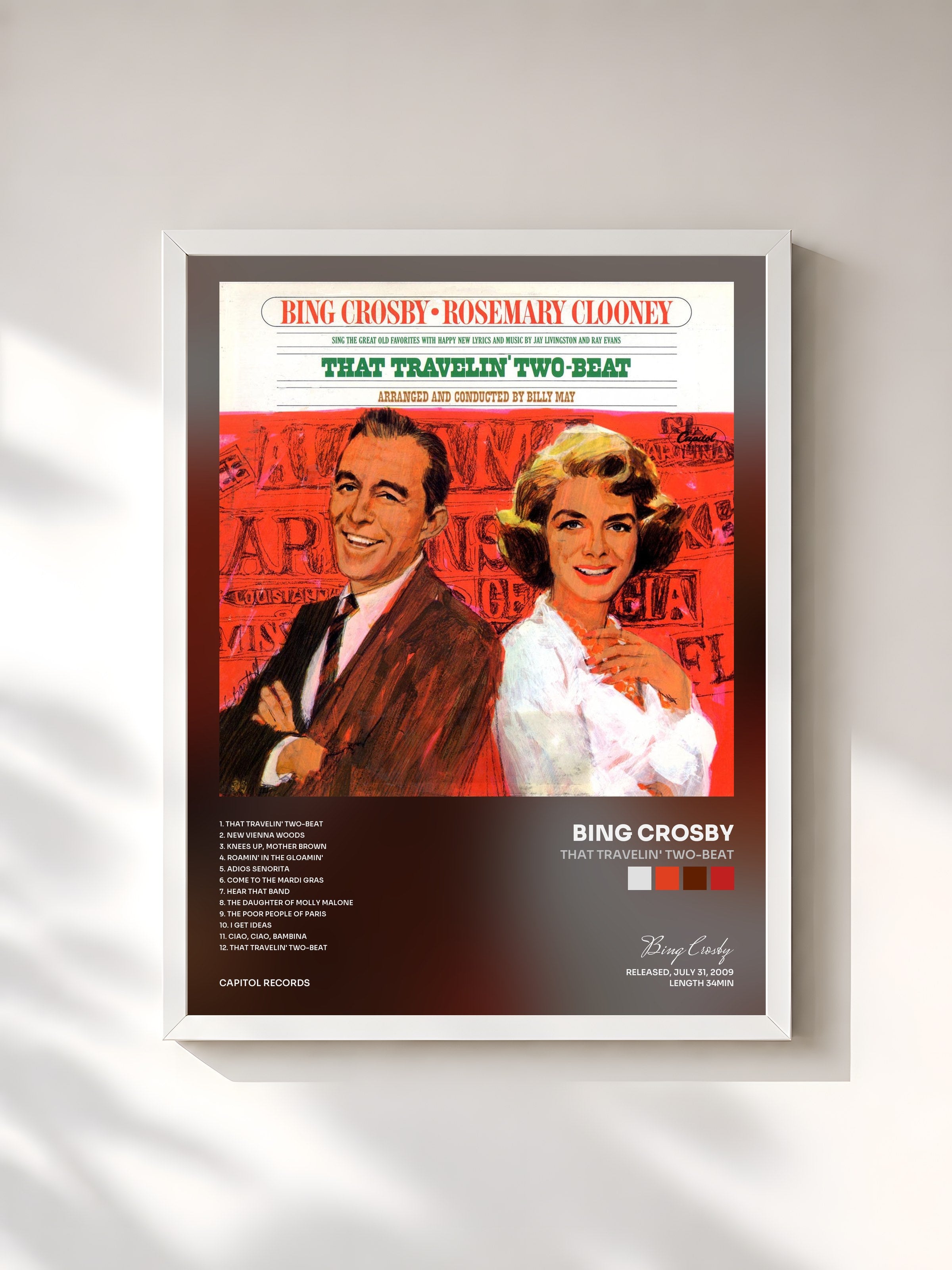 #blanc Tableau de l'album That Travelin' Two-Beat de Bing Crosby, cadre blanc, imprimé et encadré en France