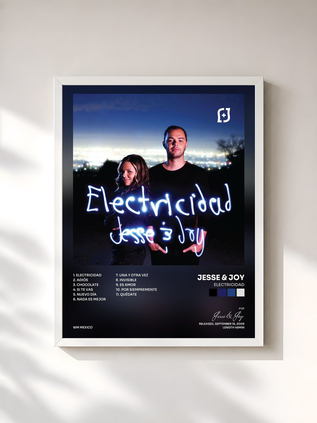 #blanc Tableau de l'album Electricidad de Jesse & Joy, cadre blanc, imprimé et encadré en France