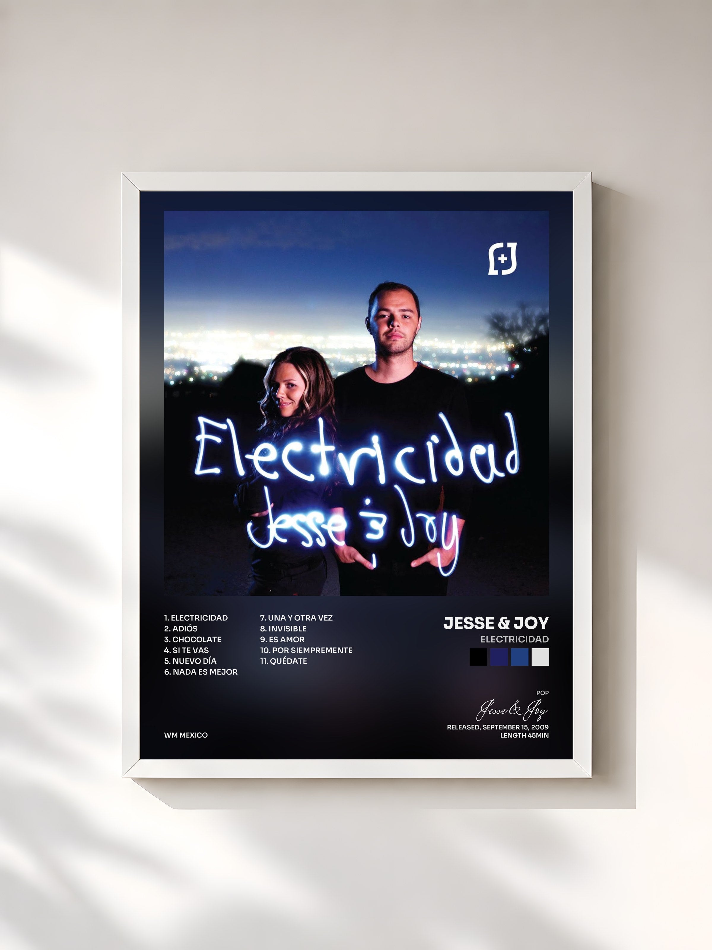 #blanc Tableau de l'album Electricidad de Jesse & Joy, cadre blanc, imprimé et encadré en France