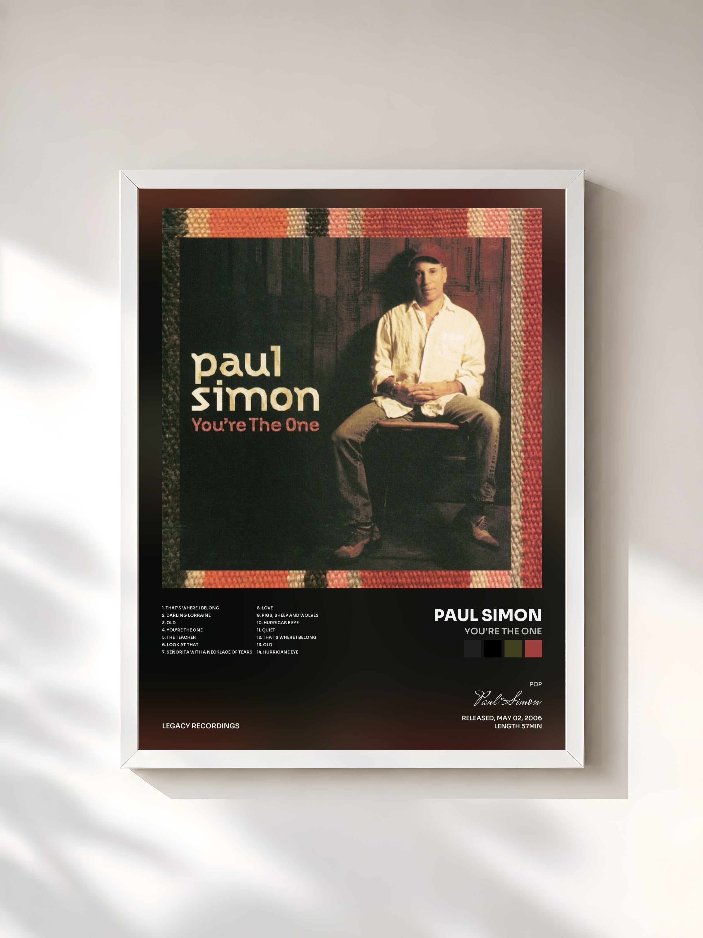 #blanc Tableau de l'album You're The One de Paul Simon, cadre blanc, imprimé et encadré en France