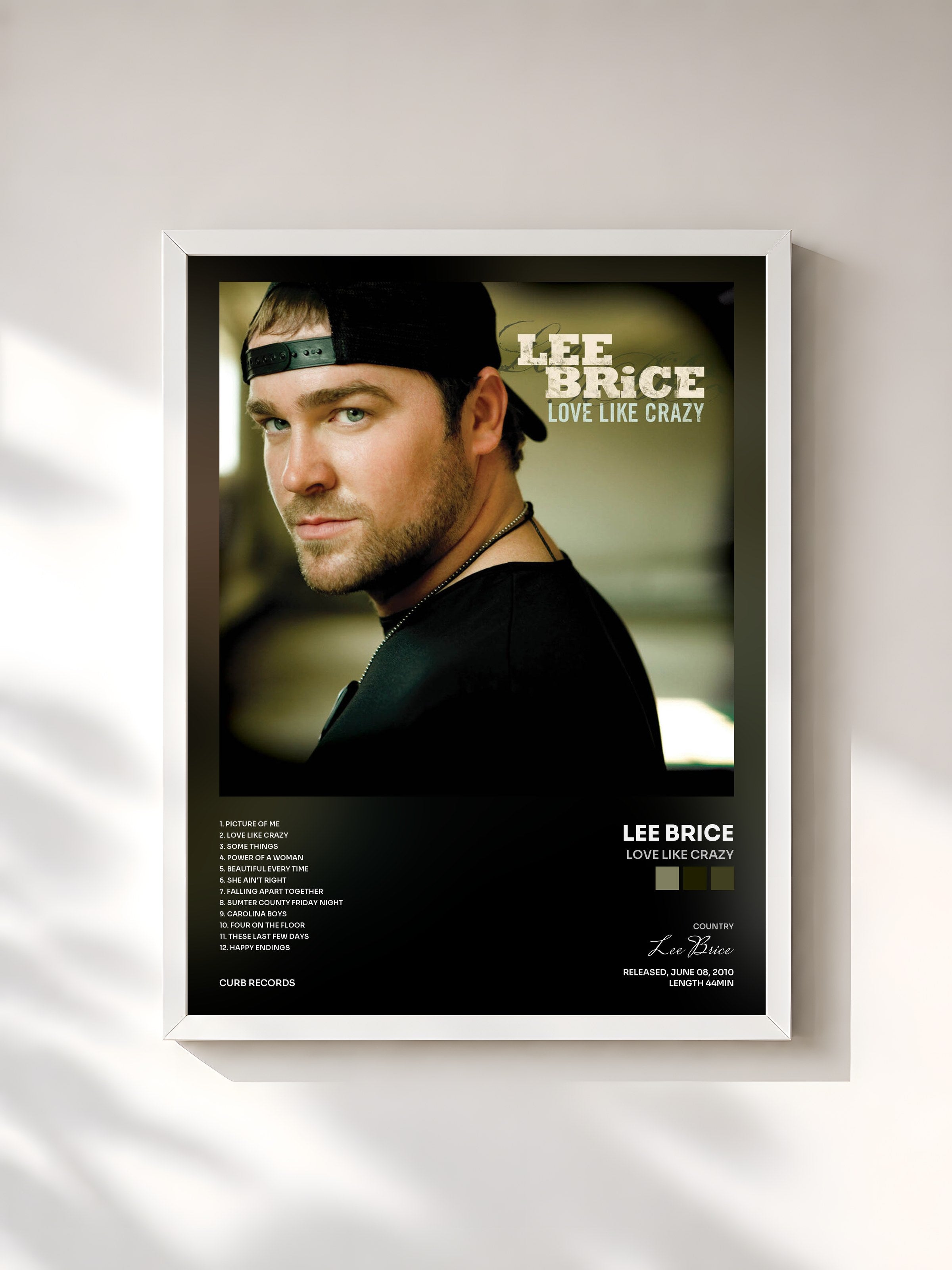 #blanc Tableau de l'album Love Like Crazy de Lee Brice, cadre blanc, imprimé et encadré en France