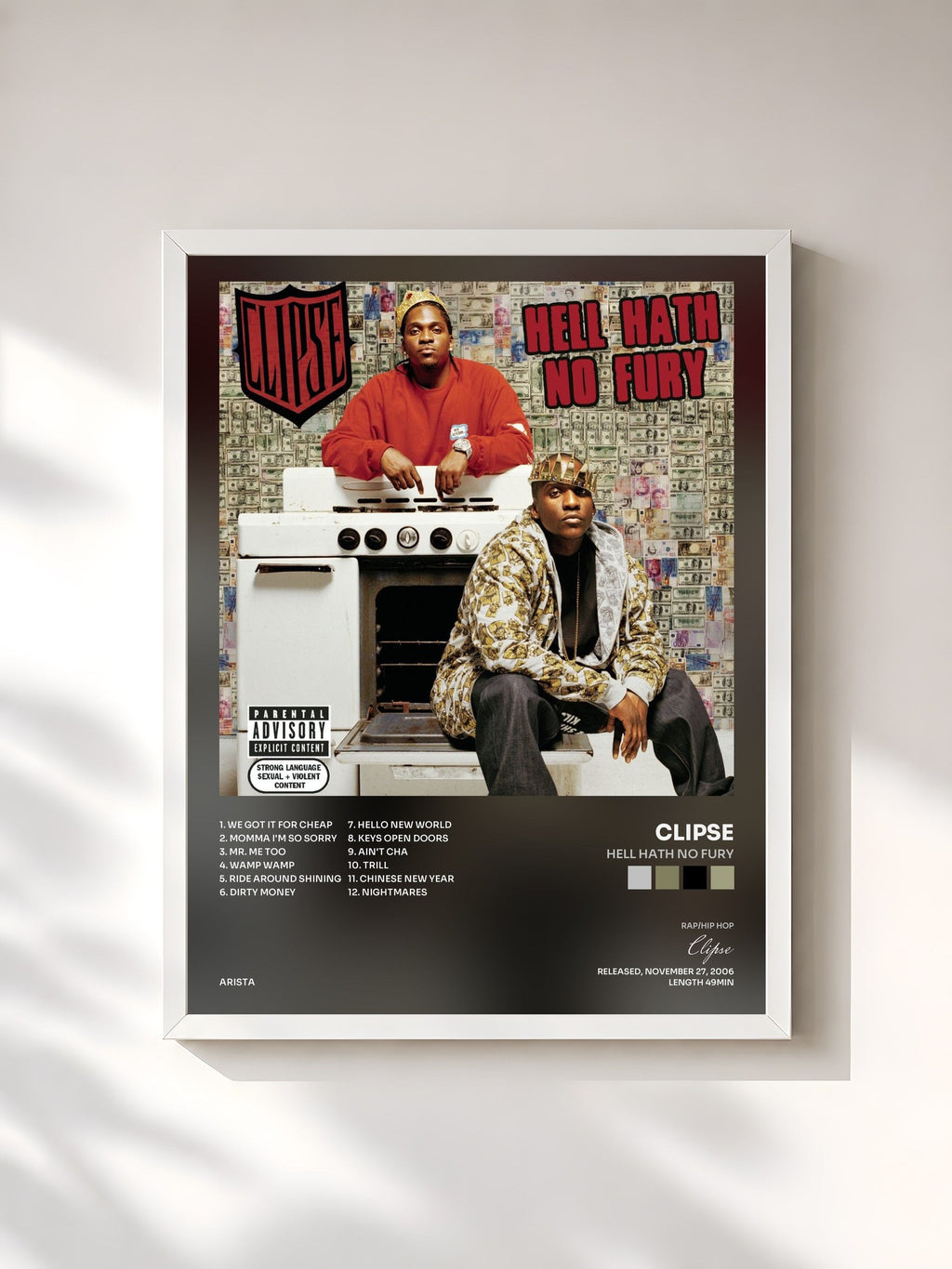 #blanc Tableau de l'album Hell Hath No Fury de Clipse, cadre blanc, imprimé et encadré en France