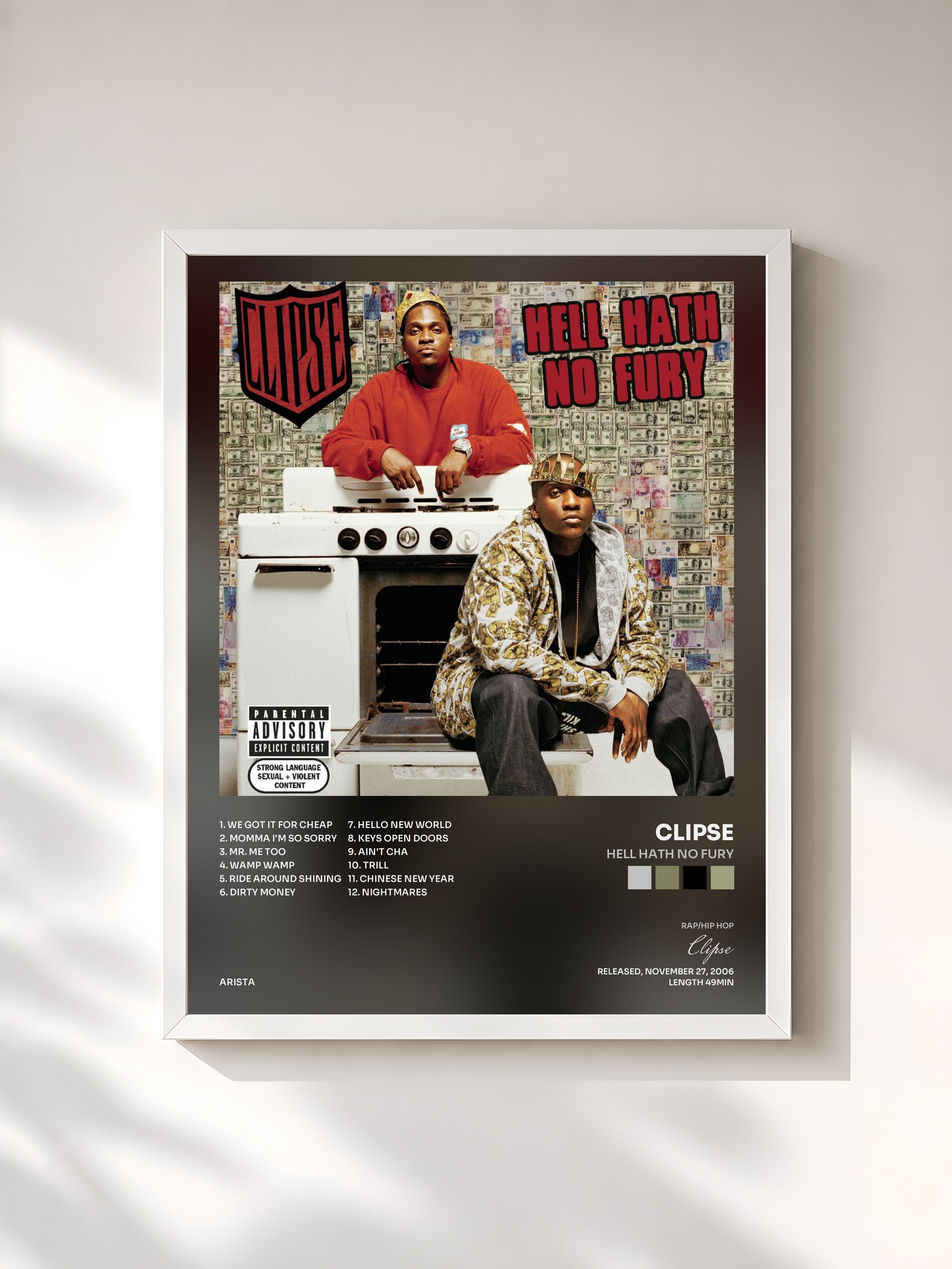 #blanc Tableau de l'album Hell Hath No Fury de Clipse, cadre blanc, imprimé et encadré en France