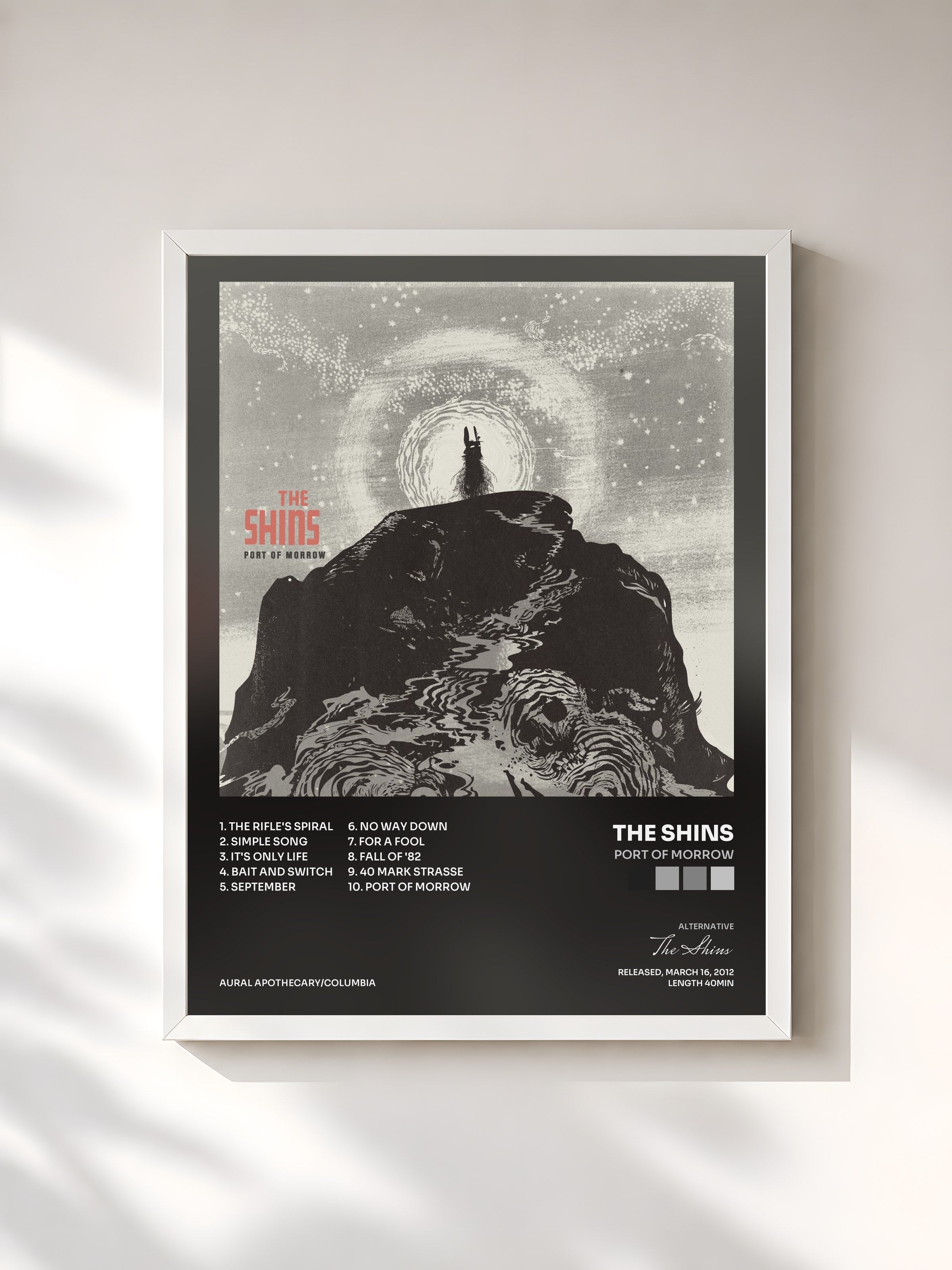 #blanc Tableau de l'album Port Of Morrow de The Shins, cadre blanc, imprimé et encadré en France