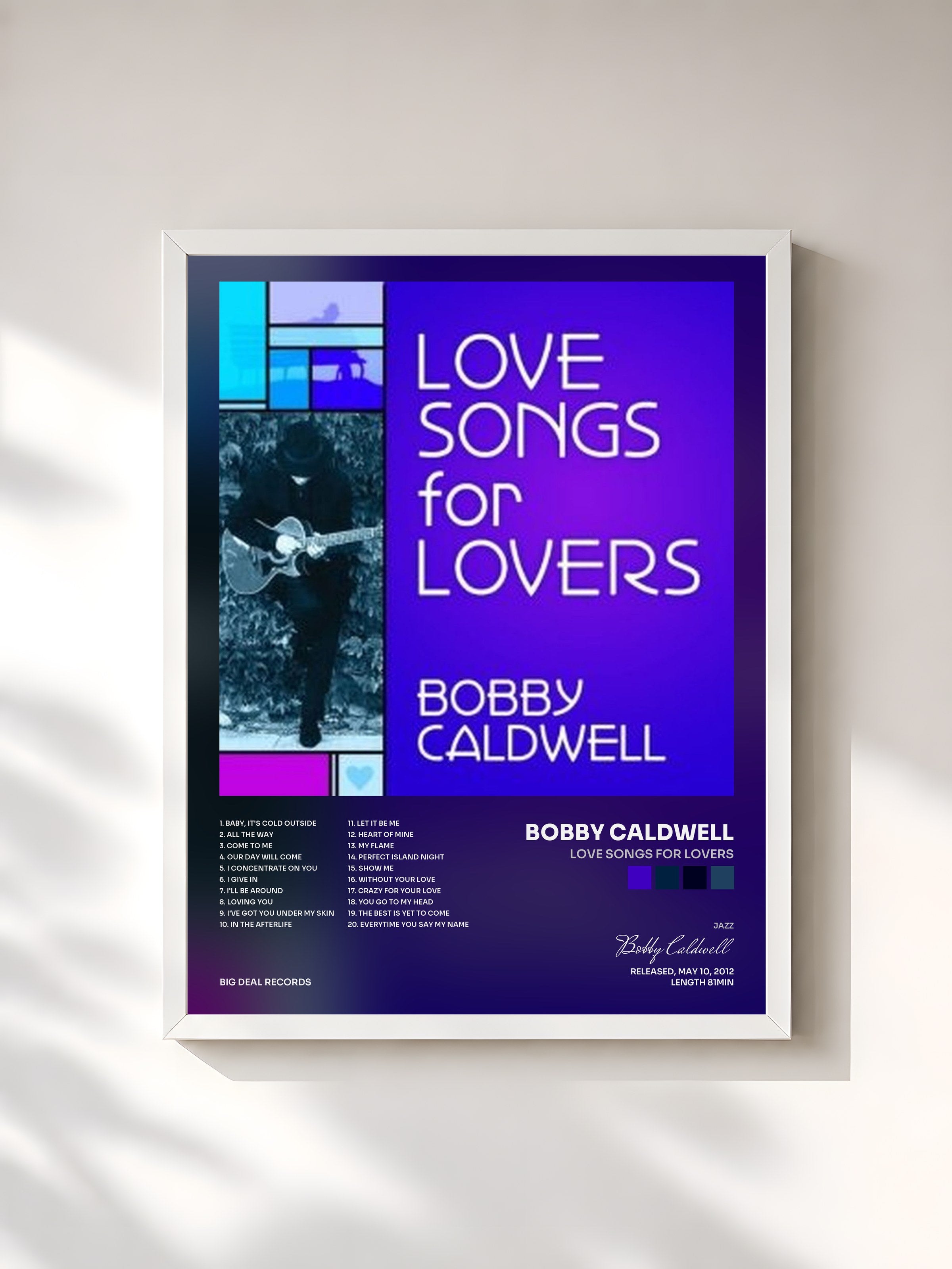 #blanc Tableau de l'album Love Songs for Lovers de Bobby Caldwell, cadre blanc, imprimé et encadré en France