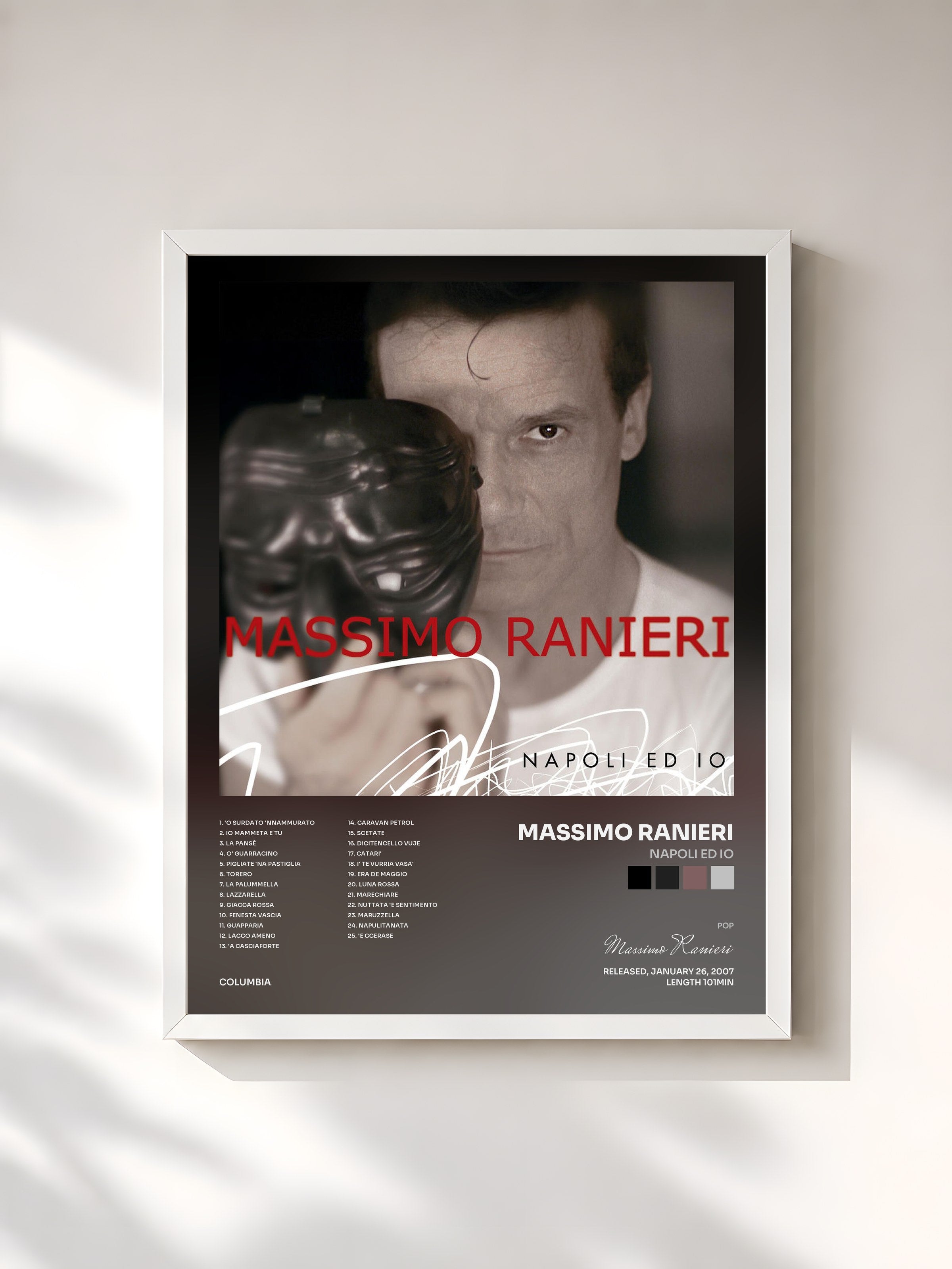 #blanc Tableau de l'album Napoli Ed Io de Massimo Ranieri, cadre blanc, imprimé et encadré en France