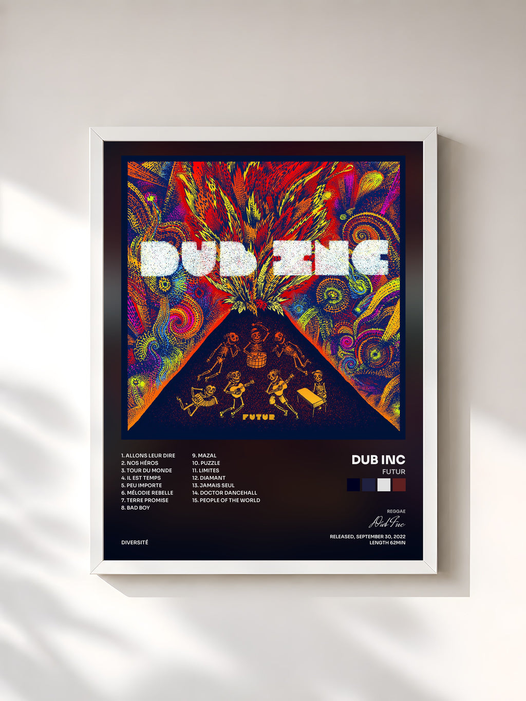 #blanc Tableau de l'album Futur de Dub Inc, cadre blanc, imprimé et encadré en France