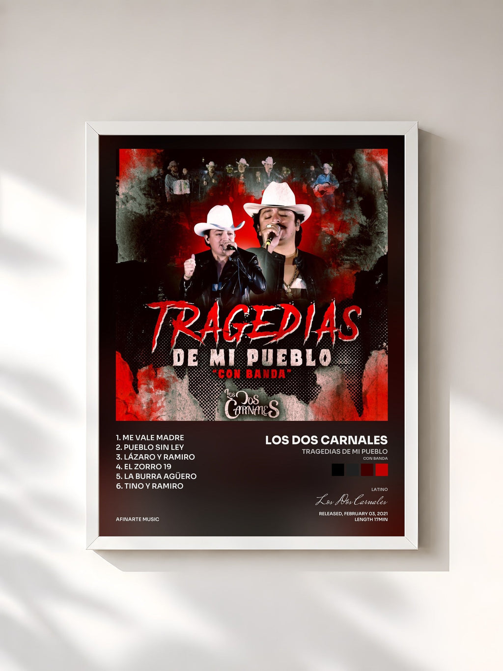 #blanc Tableau de l'album Tragedias de Mi Pueblo (Con Banda) de Los Dos Carnales, cadre blanc, imprimé et encadré en France