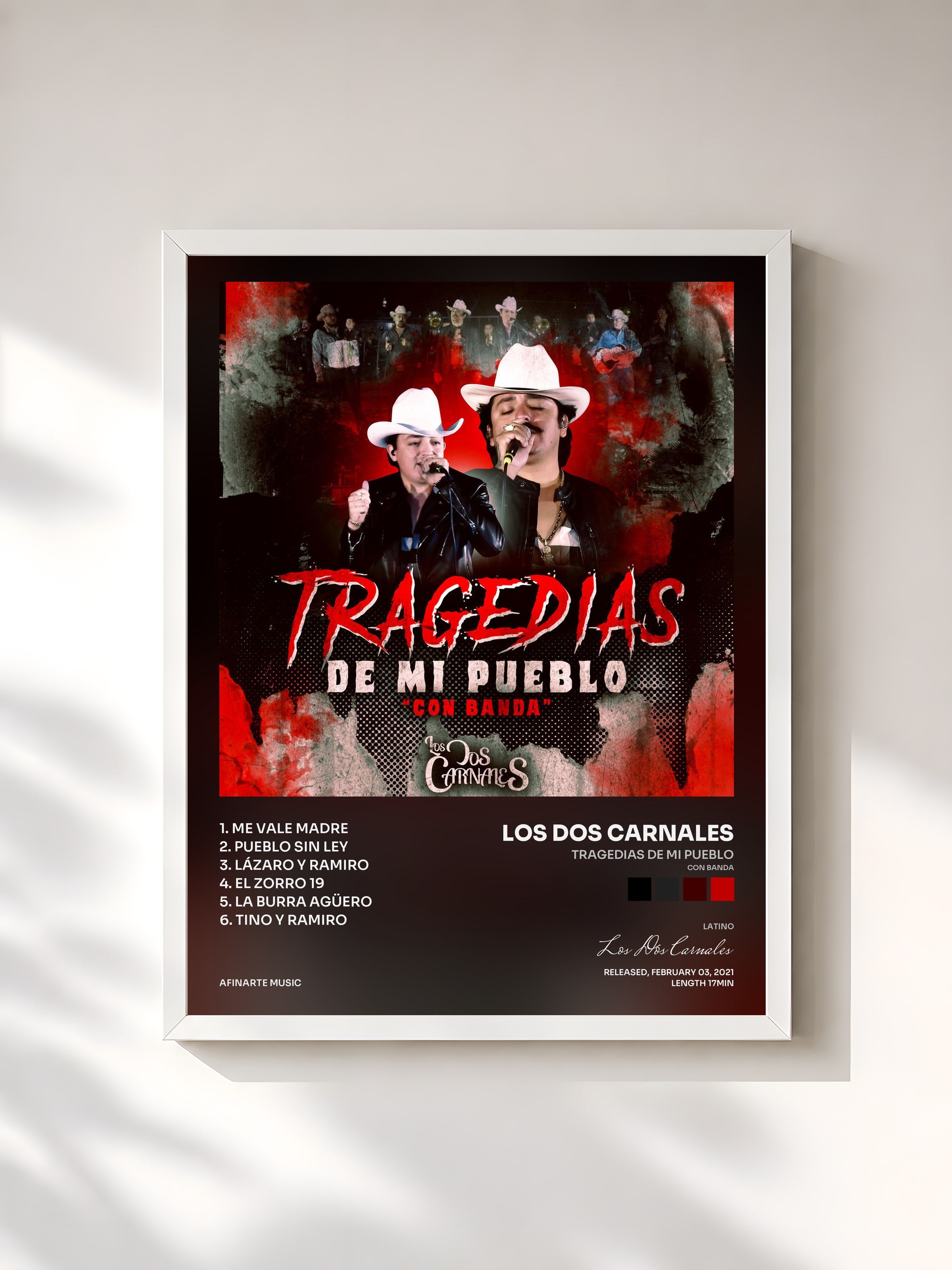 #blanc Tableau de l'album Tragedias de Mi Pueblo (Con Banda) de Los Dos Carnales, cadre blanc, imprimé et encadré en France
