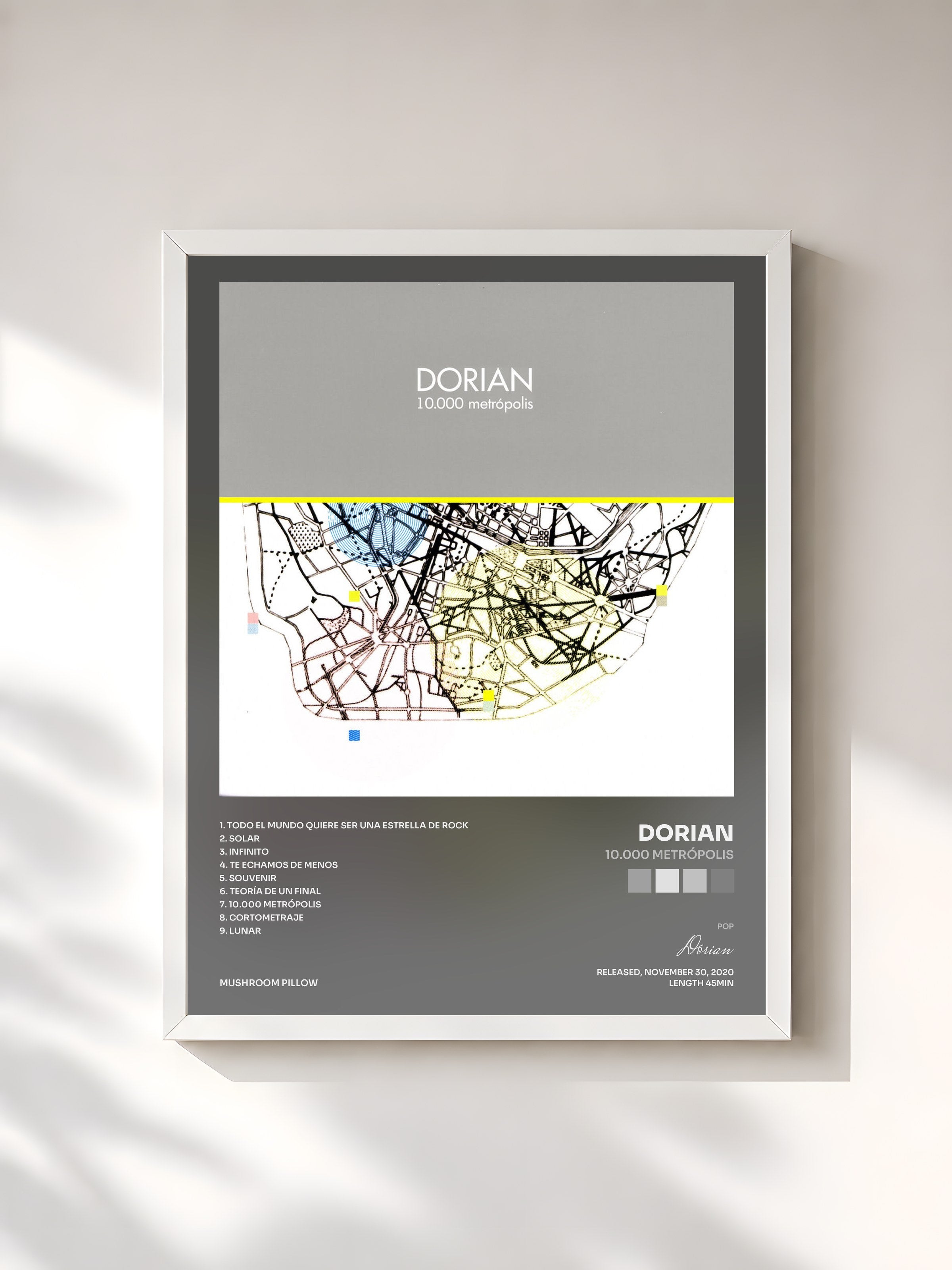 #blanc Tableau de l'album 10.000 Metrópolis de Dorian, cadre blanc, imprimé et encadré en France