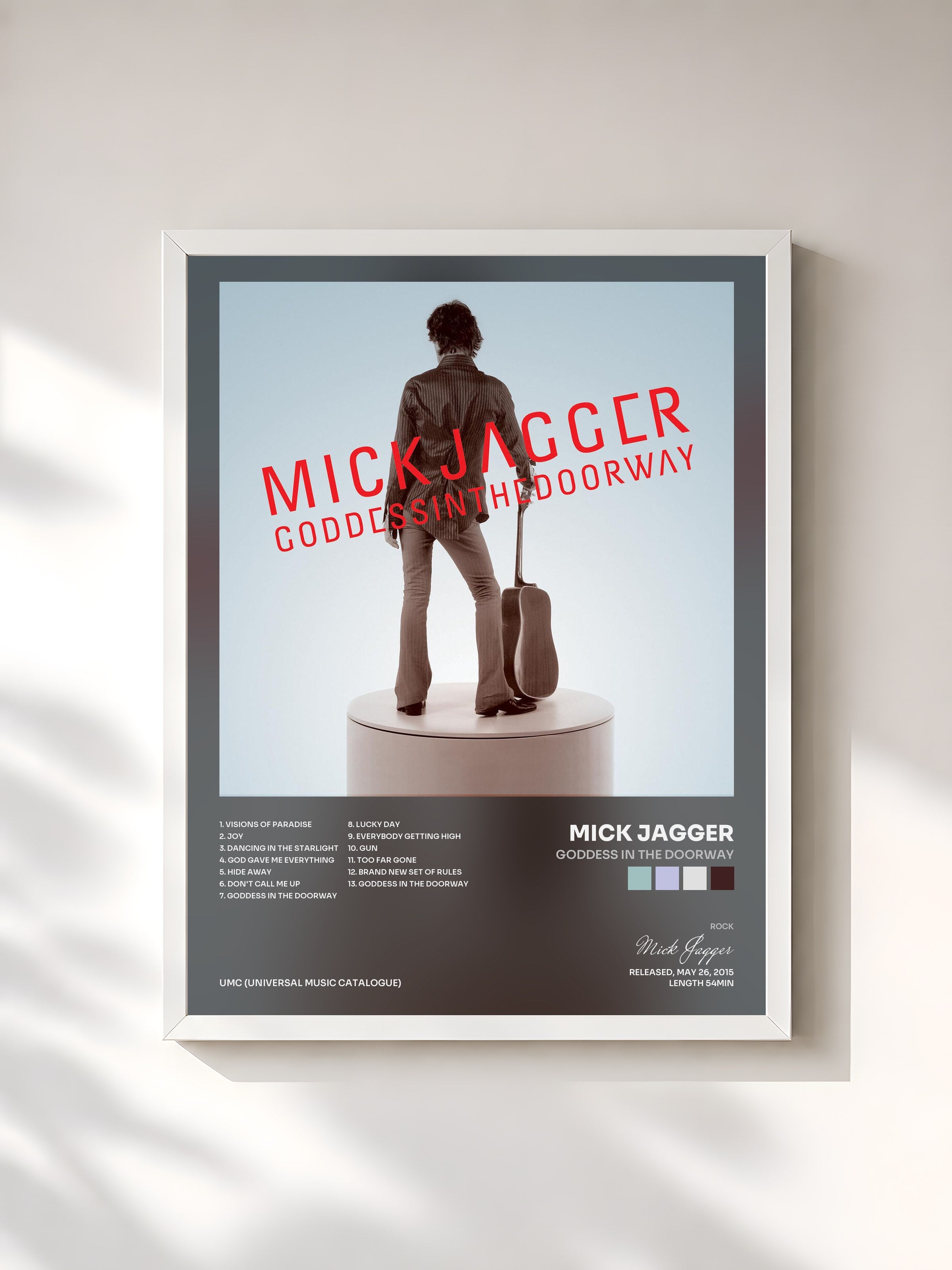 #blanc Tableau de l'album Goddess In The Doorway de Mick Jagger, cadre blanc, imprimé et encadré en France