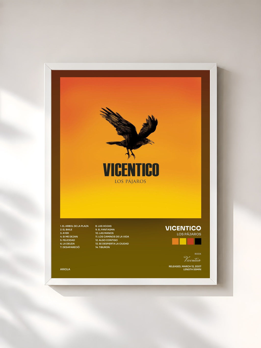 #blanc Tableau de l'album Los Pájaros de Vicentico, cadre blanc, imprimé et encadré en France