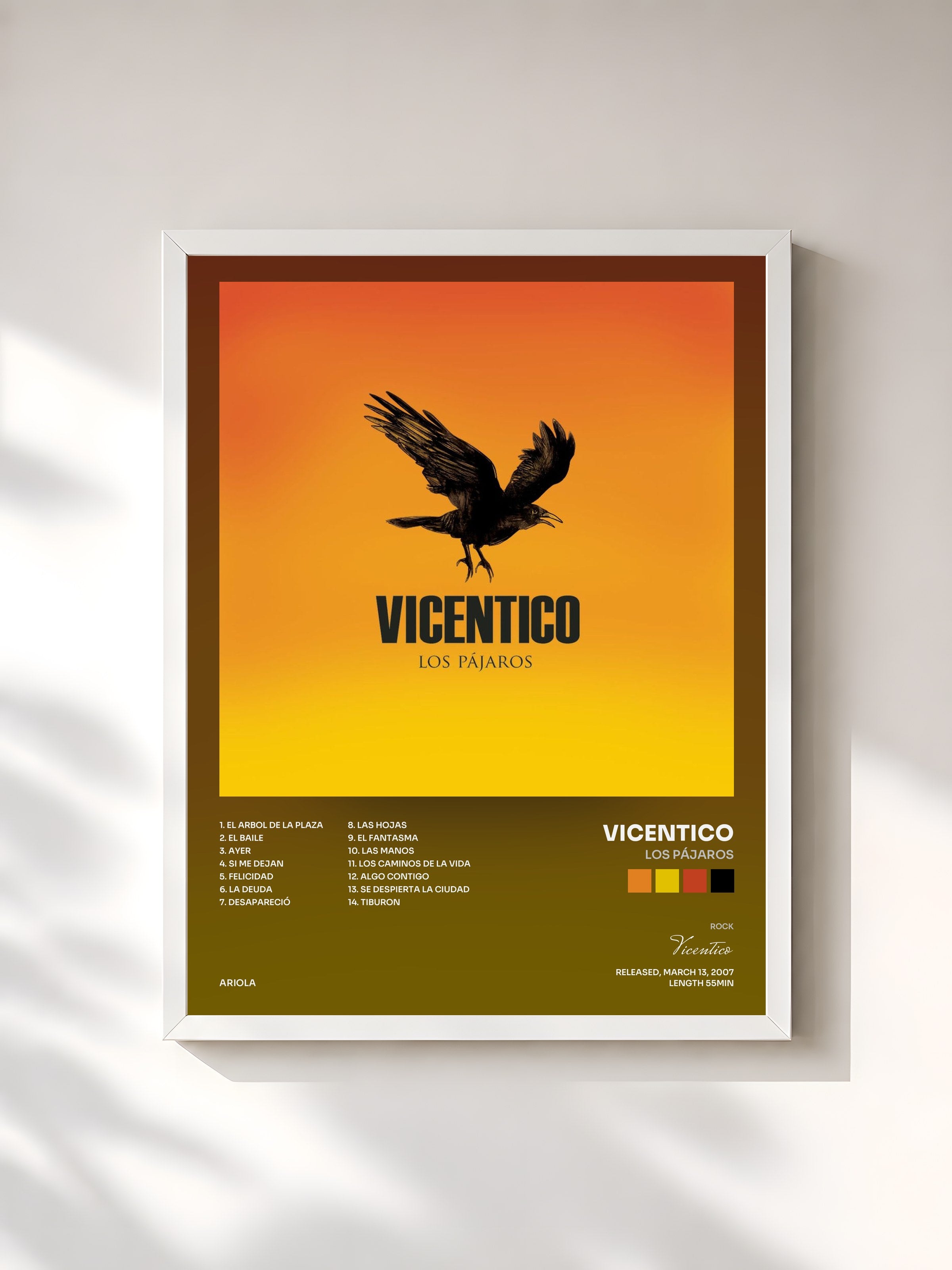 #blanc Tableau de l'album Los Pájaros de Vicentico, cadre blanc, imprimé et encadré en France