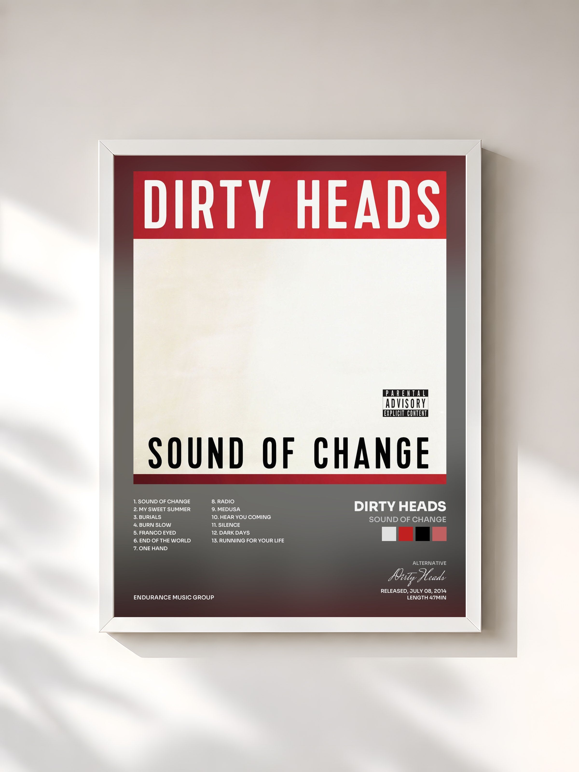 #blanc Tableau de l'album Sound Of Change de Dirty Heads, cadre blanc, imprimé et encadré en France