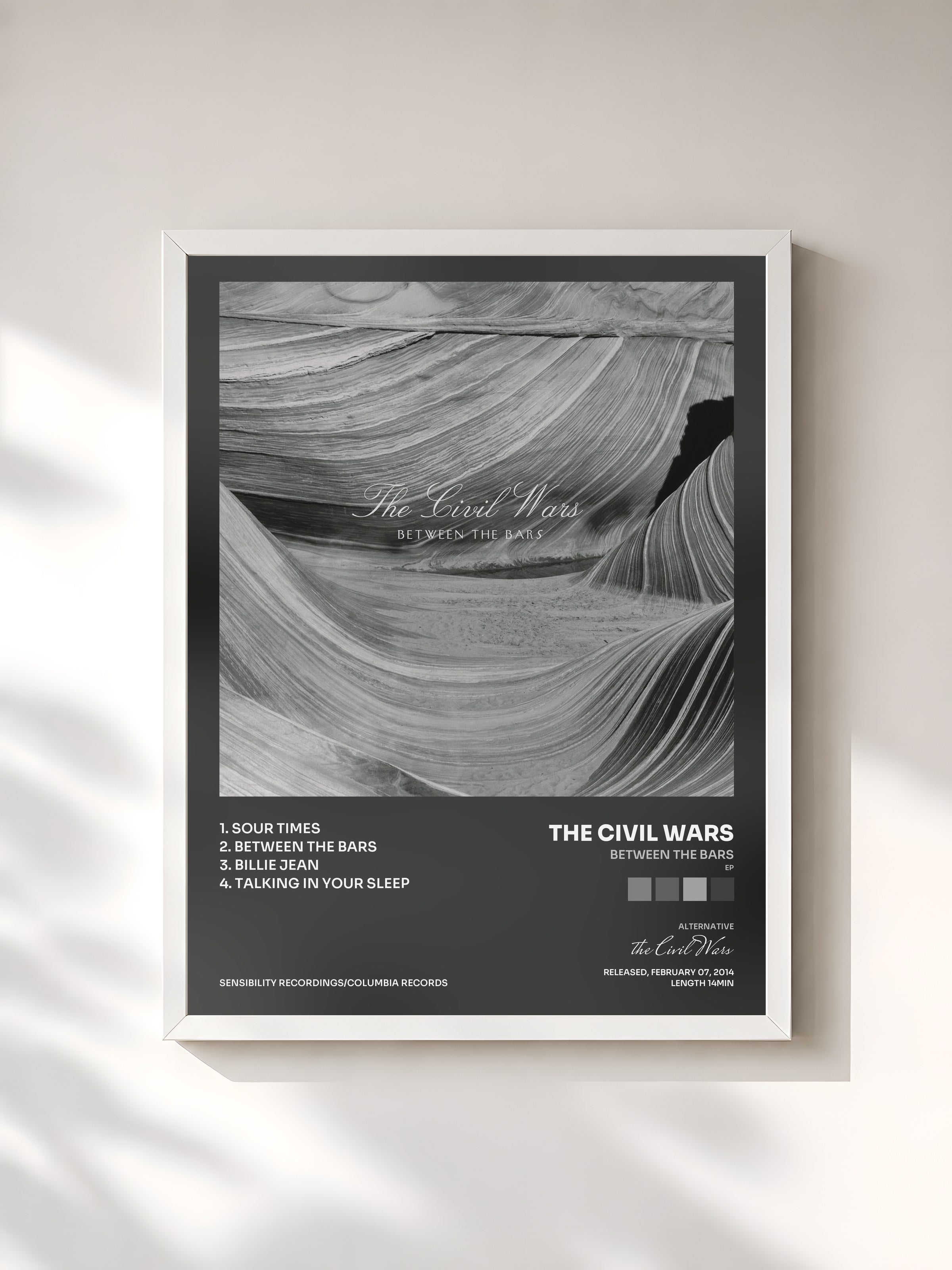 #blanc Tableau de l'album Between The Bars (EP) de the Civil Wars, cadre blanc, imprimé et encadré en France