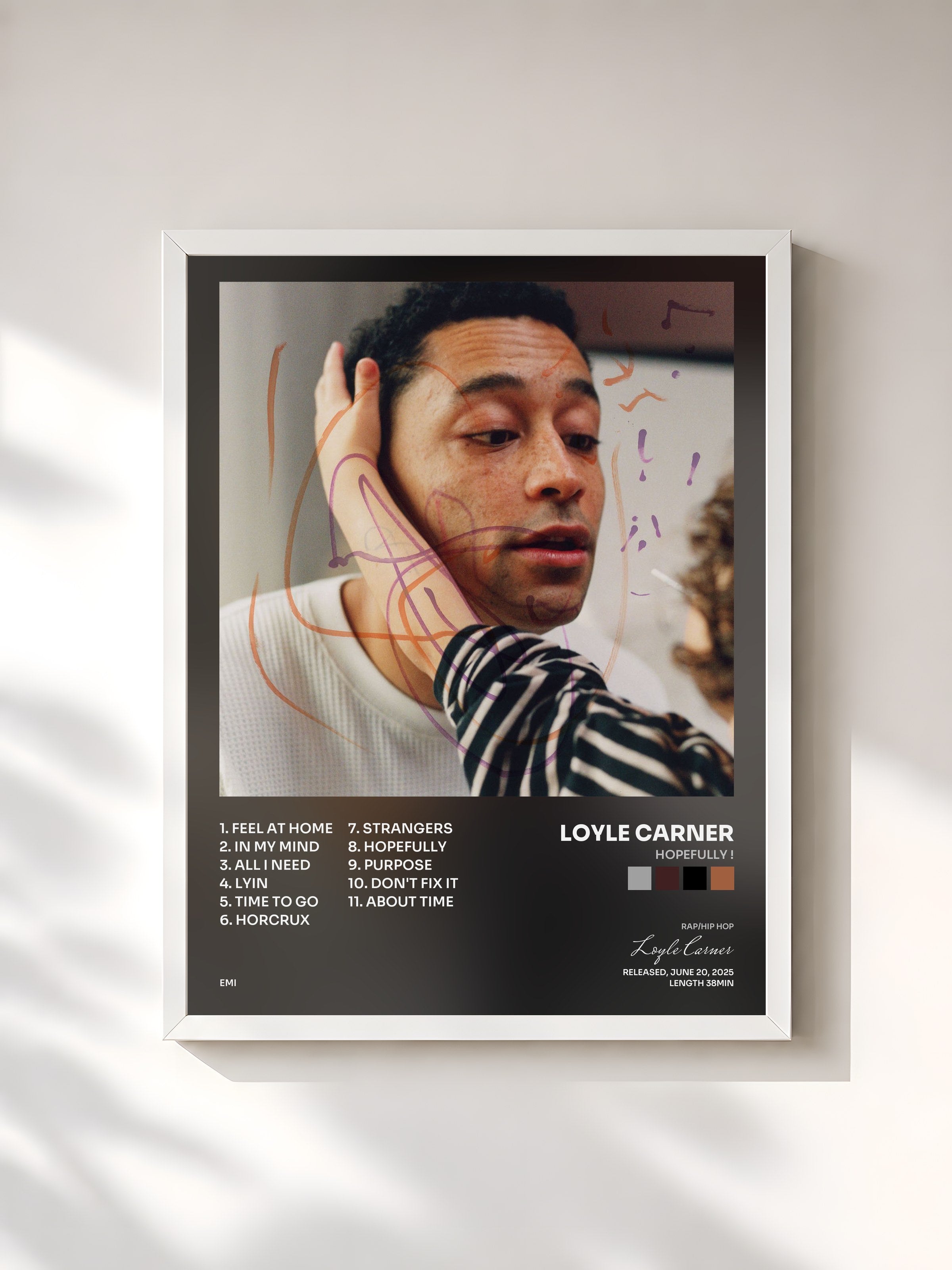 #blanc Tableau de l'album hopefully ! de Loyle Carner, cadre blanc, imprimé et encadré en France