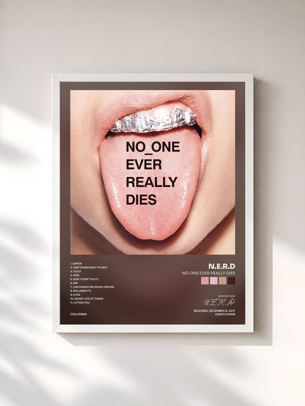 #blanc Tableau de l'album NO ONE EVER REALLY DIES de N.E.R.D, cadre blanc, imprimé et encadré en France