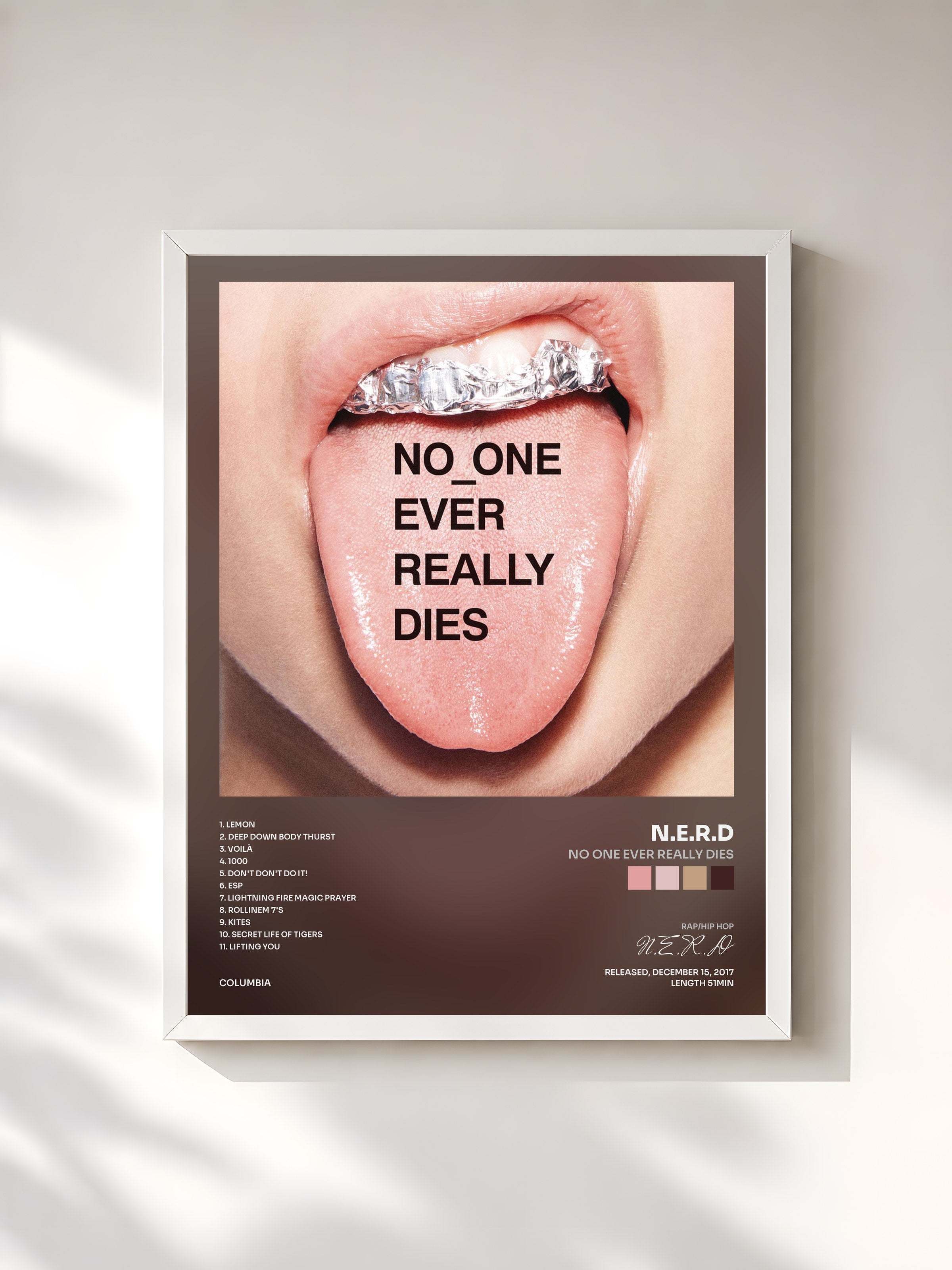 #blanc Tableau de l'album NO ONE EVER REALLY DIES de N.E.R.D, cadre blanc, imprimé et encadré en France