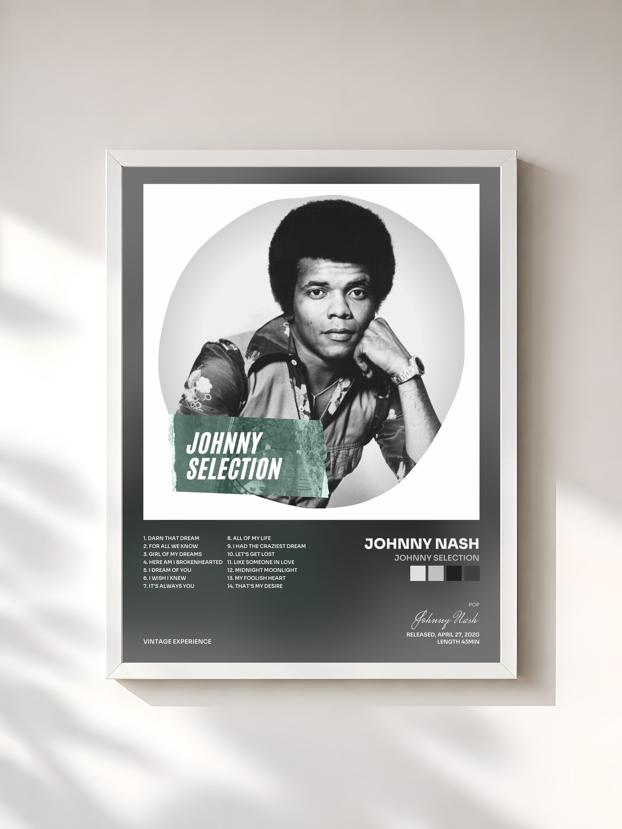 #blanc Tableau de l'album Johnny Selection de Johnny Nash, cadre blanc, imprimé et encadré en France
