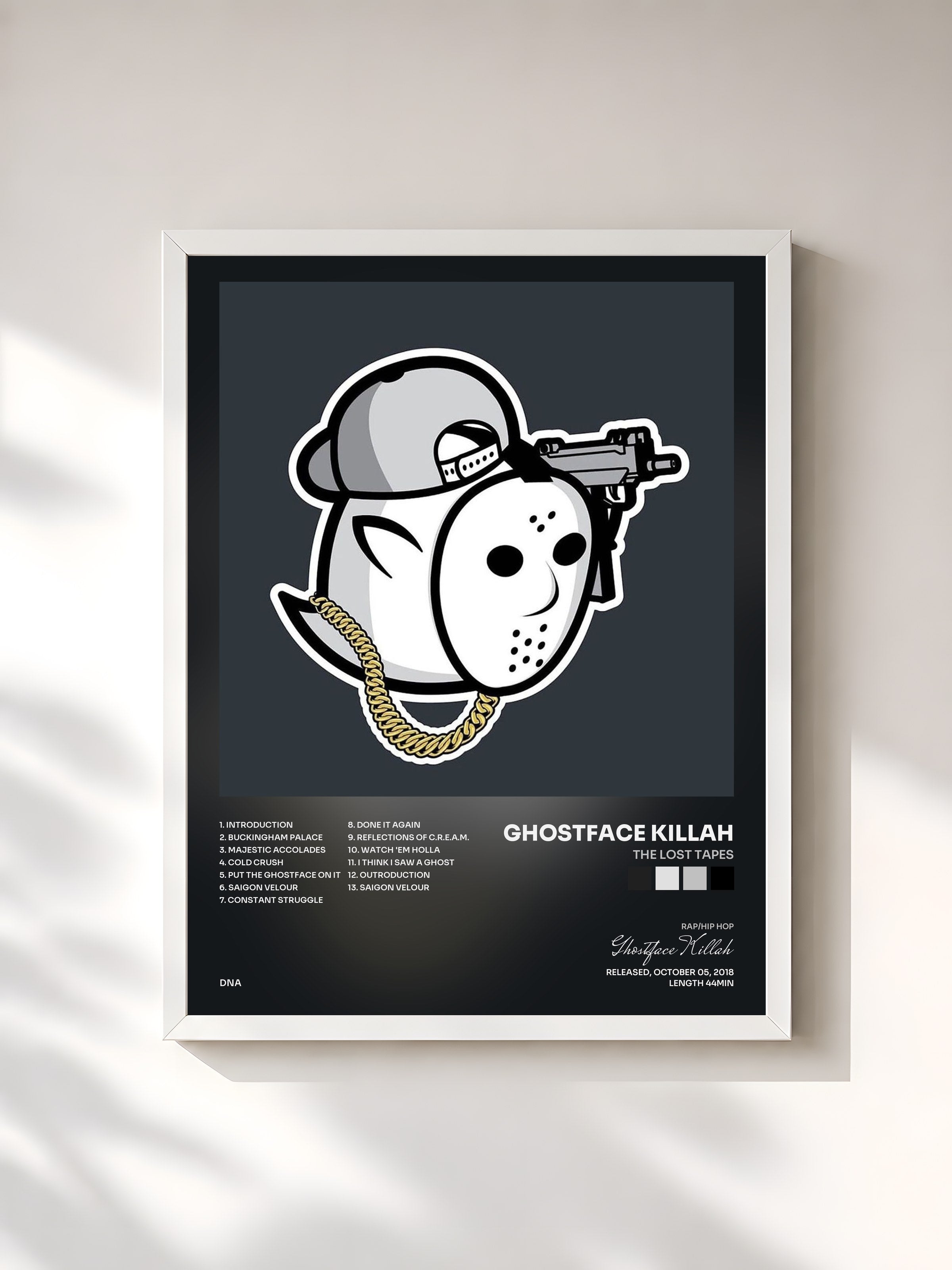 #blanc Tableau de l'album The Lost Tapes de Ghostface Killah, cadre blanc, imprimé et encadré en France