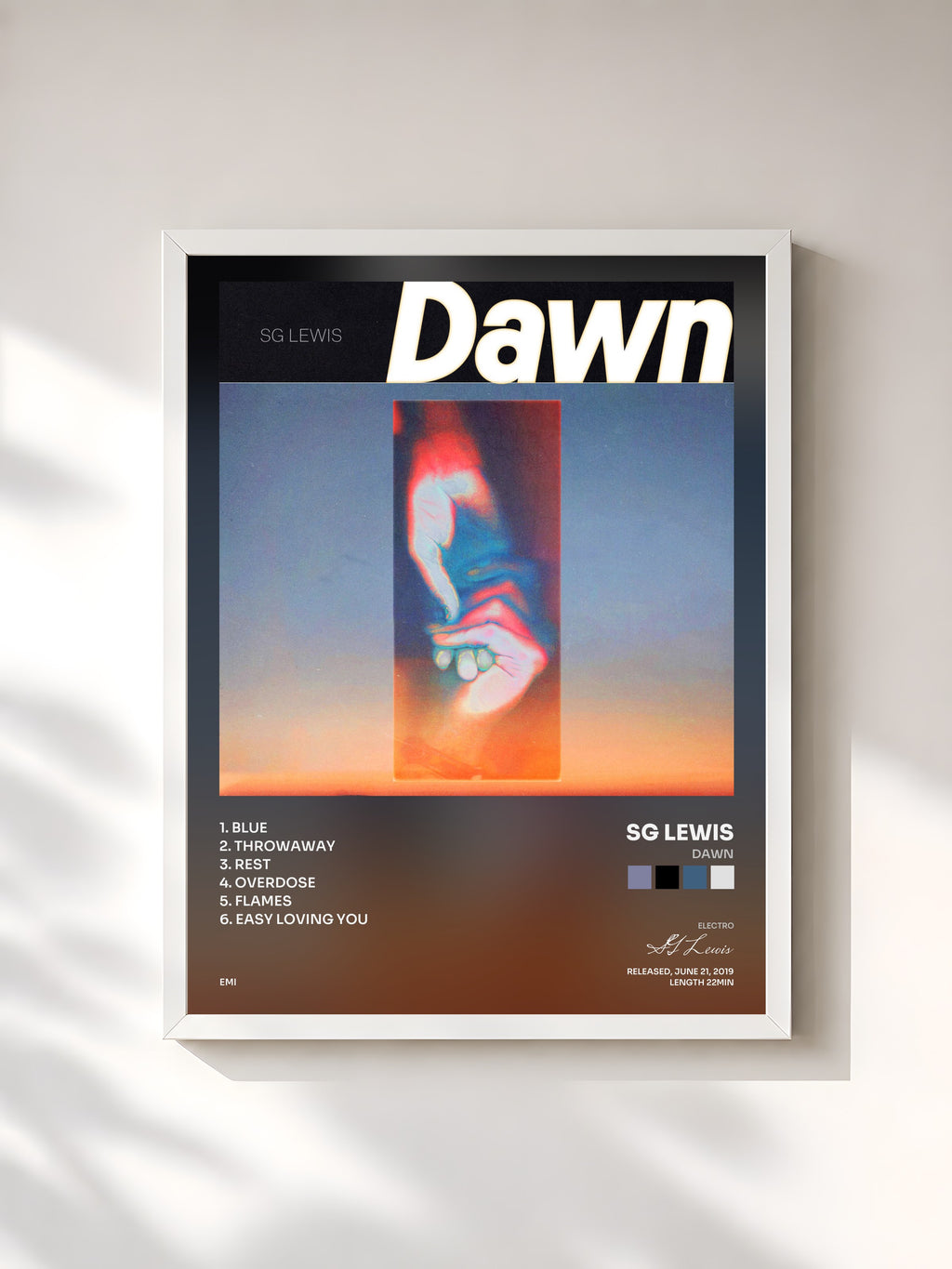 #blanc Tableau de l'album Dawn de SG Lewis, cadre blanc, imprimé et encadré en France