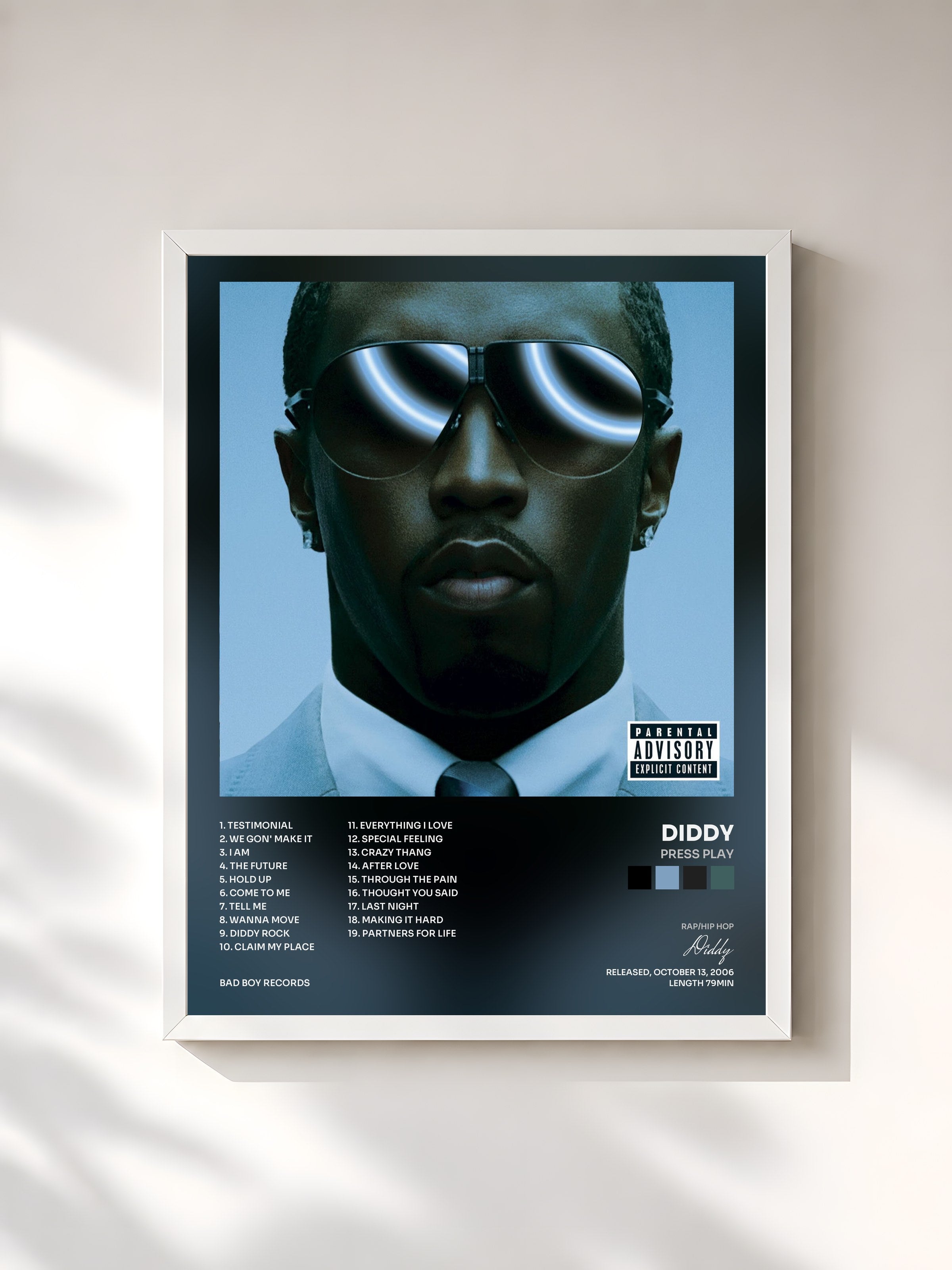 #blanc Tableau de l'album Press Play de Diddy, cadre blanc, imprimé et encadré en France