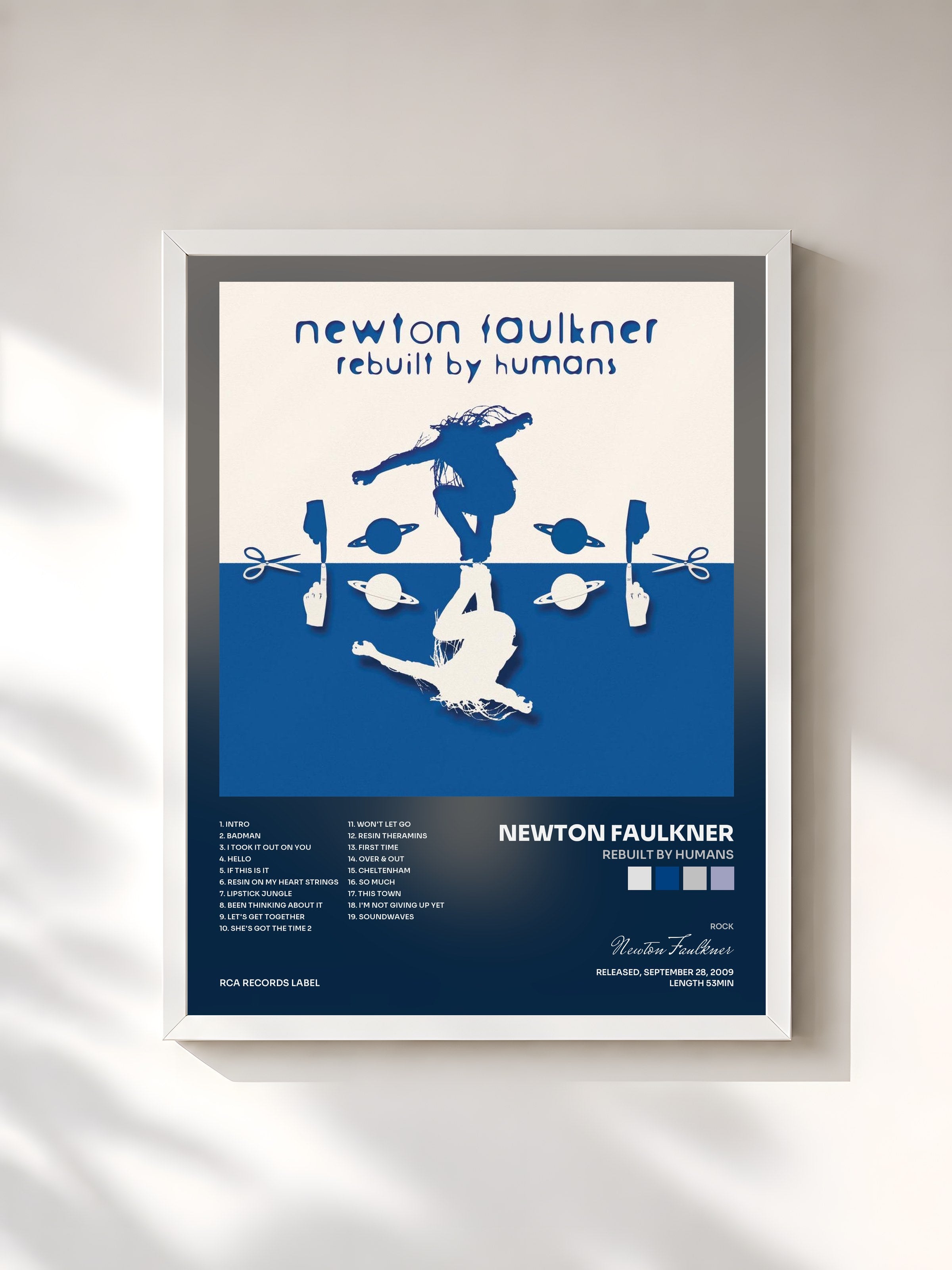 #blanc Tableau de l'album Rebuilt By Humans de Newton Faulkner, cadre blanc, imprimé et encadré en France