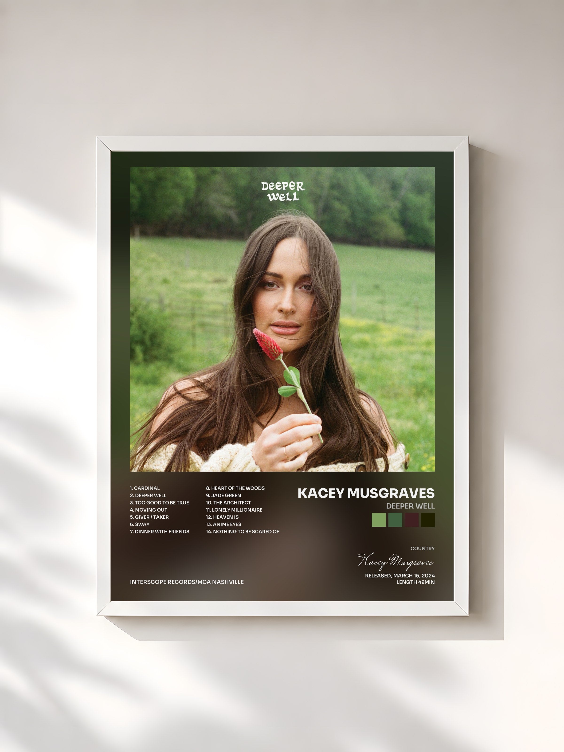 #blanc Tableau de l'album Deeper Well de Kacey Musgraves, cadre blanc, imprimé et encadré en France