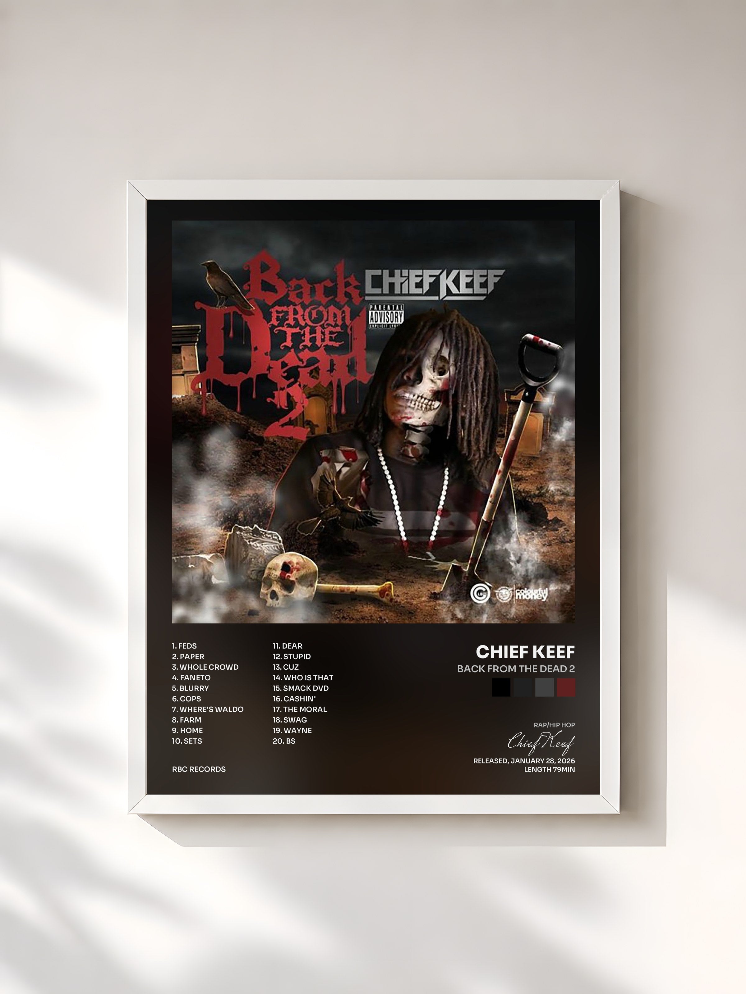 #blanc Tableau de l'album Back from the Dead 2 de Chief Keef, cadre blanc, imprimé et encadré en France