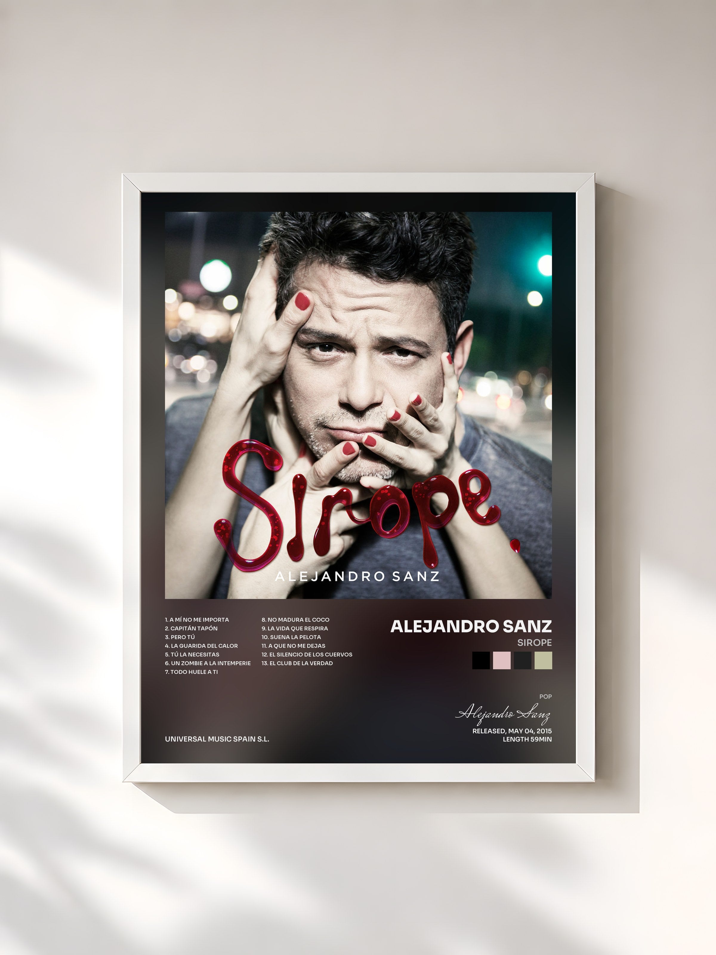 #blanc Tableau de l'album Sirope de Alejandro Sanz, cadre blanc, imprimé et encadré en France